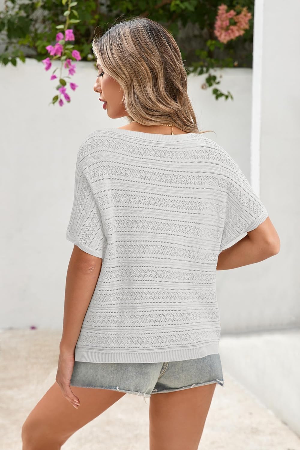 Cakulo Womens Summer Crochet Tops Hollow Out Off The Shoulder Short Sleeve Batwing Knit Spring Sweater Top 2026 - Image 9