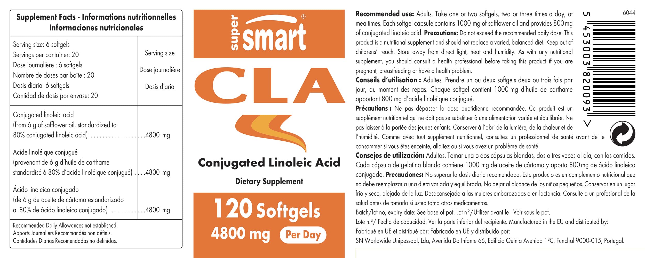 CLA - (Konjugierte Linolsäure) - Tonalin - Unterstützt Muskelwachstum - Hilft, Körperfett zu Reduzieren - Patentiert - GVO-frei - SuperSmart