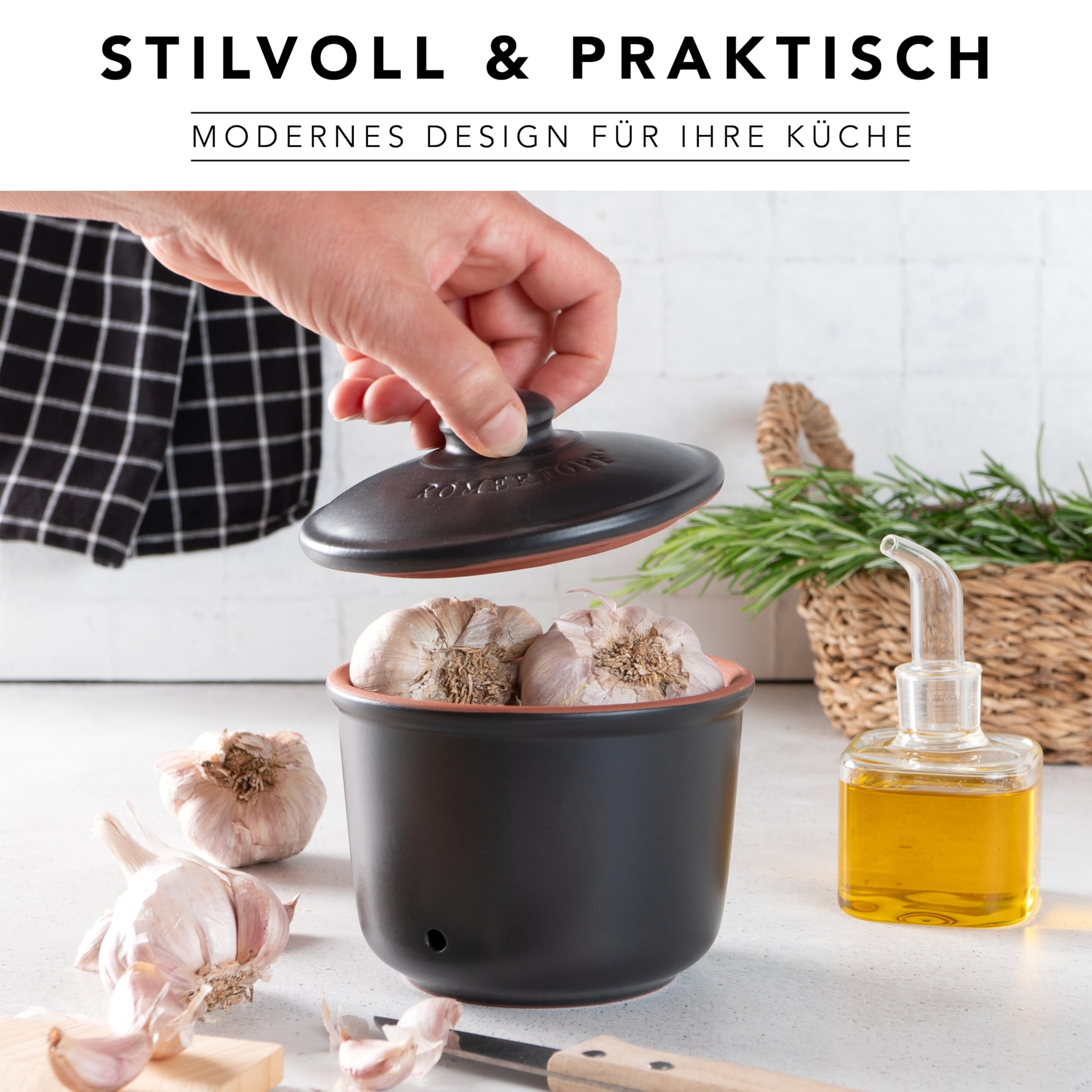 Römertopf Contenitore per Aglio 0,6 Litri in Ceramica – Conserva Aglio Fresche più a Lungo, Traspirante e Areato, Nero, tradizione dal 1967