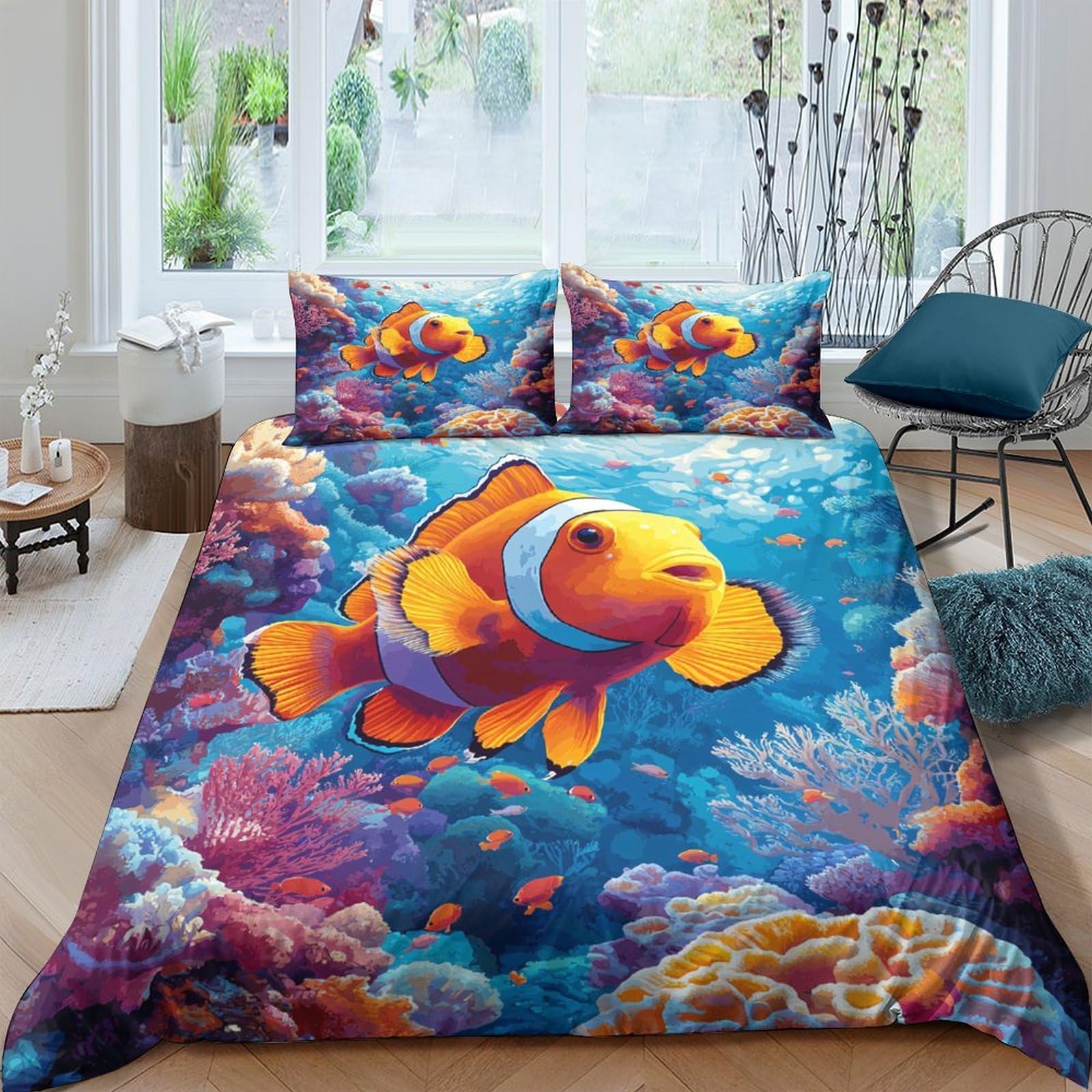 Ctjqhvkz Style-2 3D Printed Clownfish Ocean Fitted Sheet Microfiber Soft Breathable Coral Reef Bed Cover For Bedroom Dorm Decor Single（135X200cm）