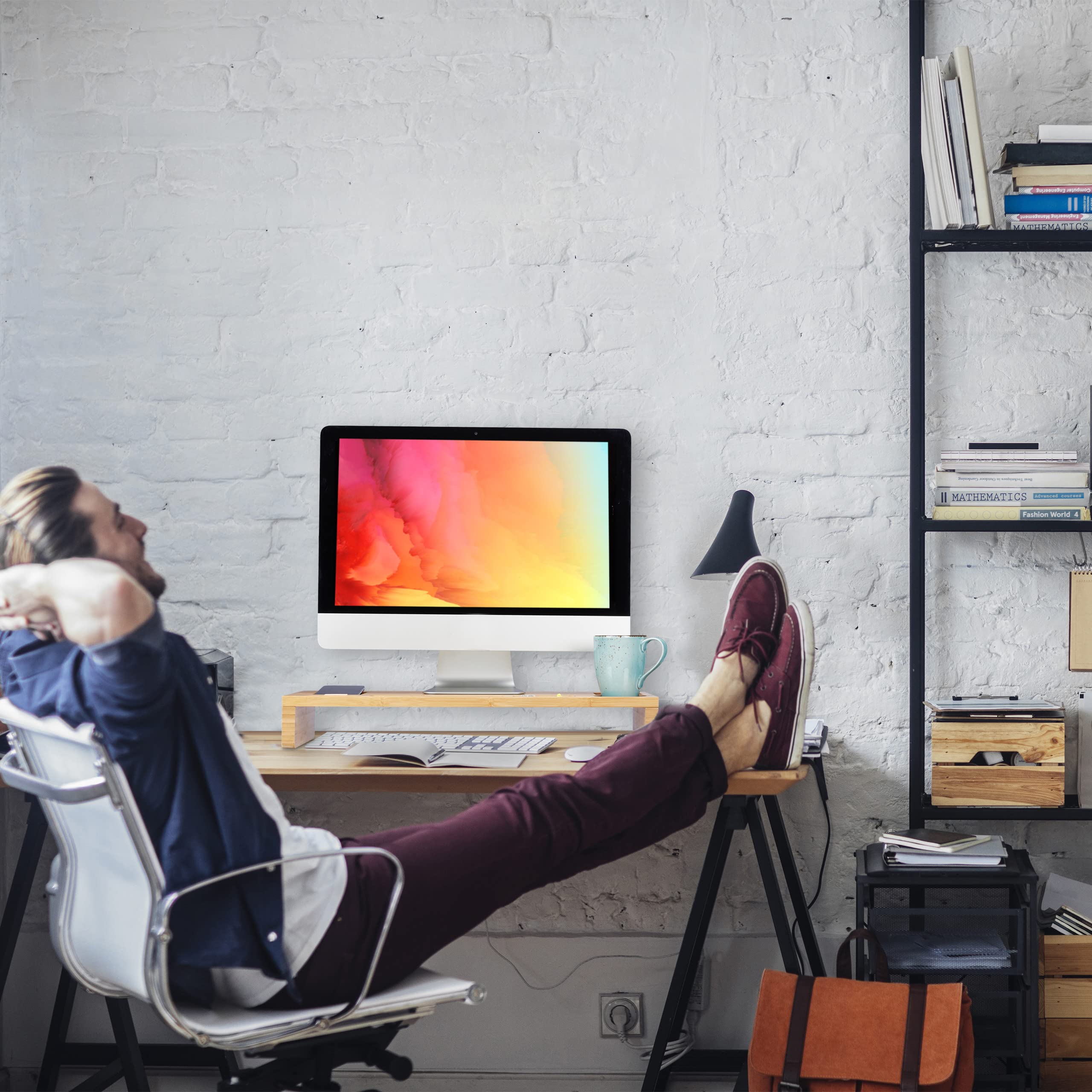 Relaxdays Supporto per Monitor, Rialzo per Schermo con 7 Scomparti, Stand Computer Portatile, 8,5 x 60 x 30 cm, Naturale