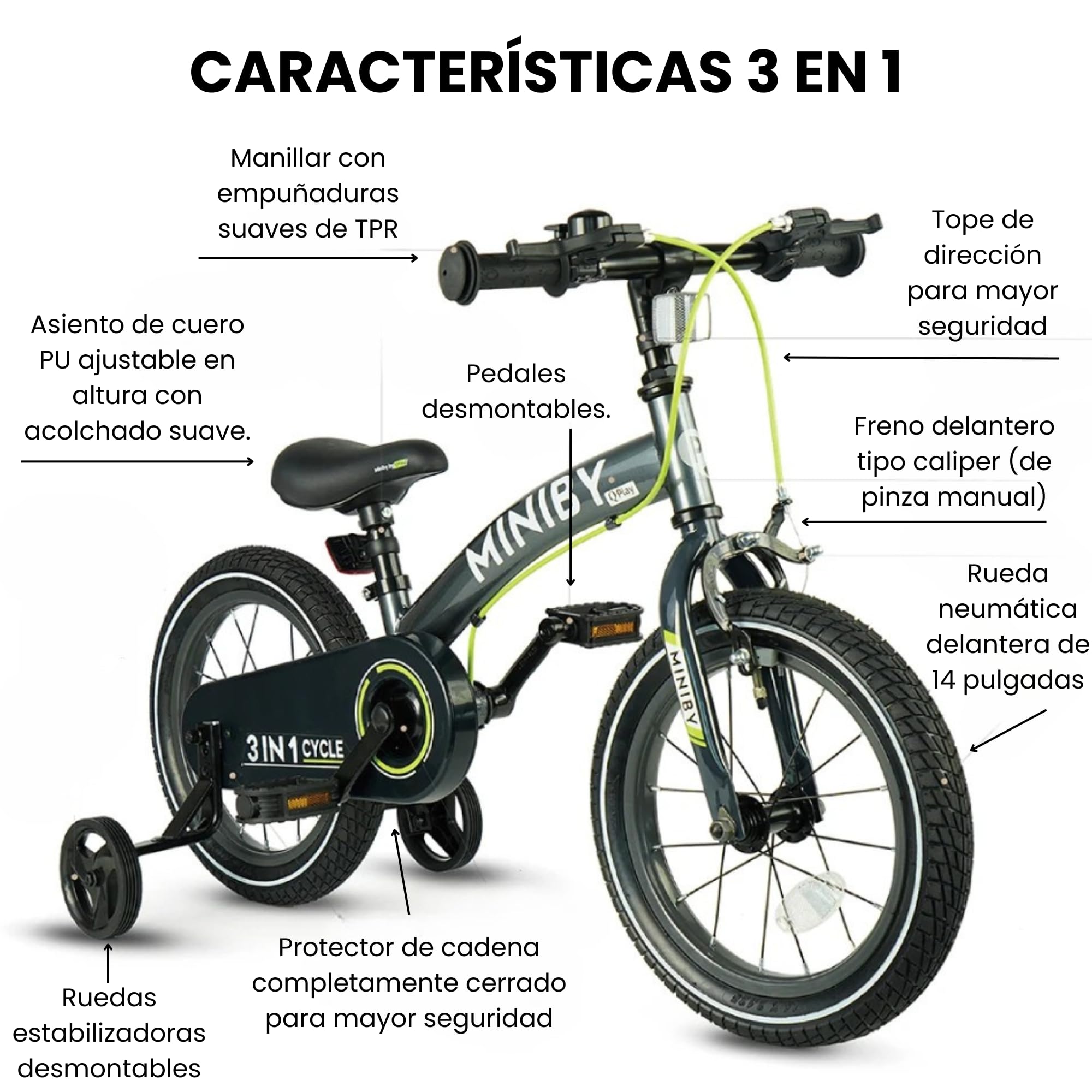 QPLAY Bicicleta Infantil Miniby 3 en 1, Modo Sin Pedales, con Ruedines y con Pedales, Ajustable, Ergonómica y Evolutiva Niños de 2,5 a 8 Años