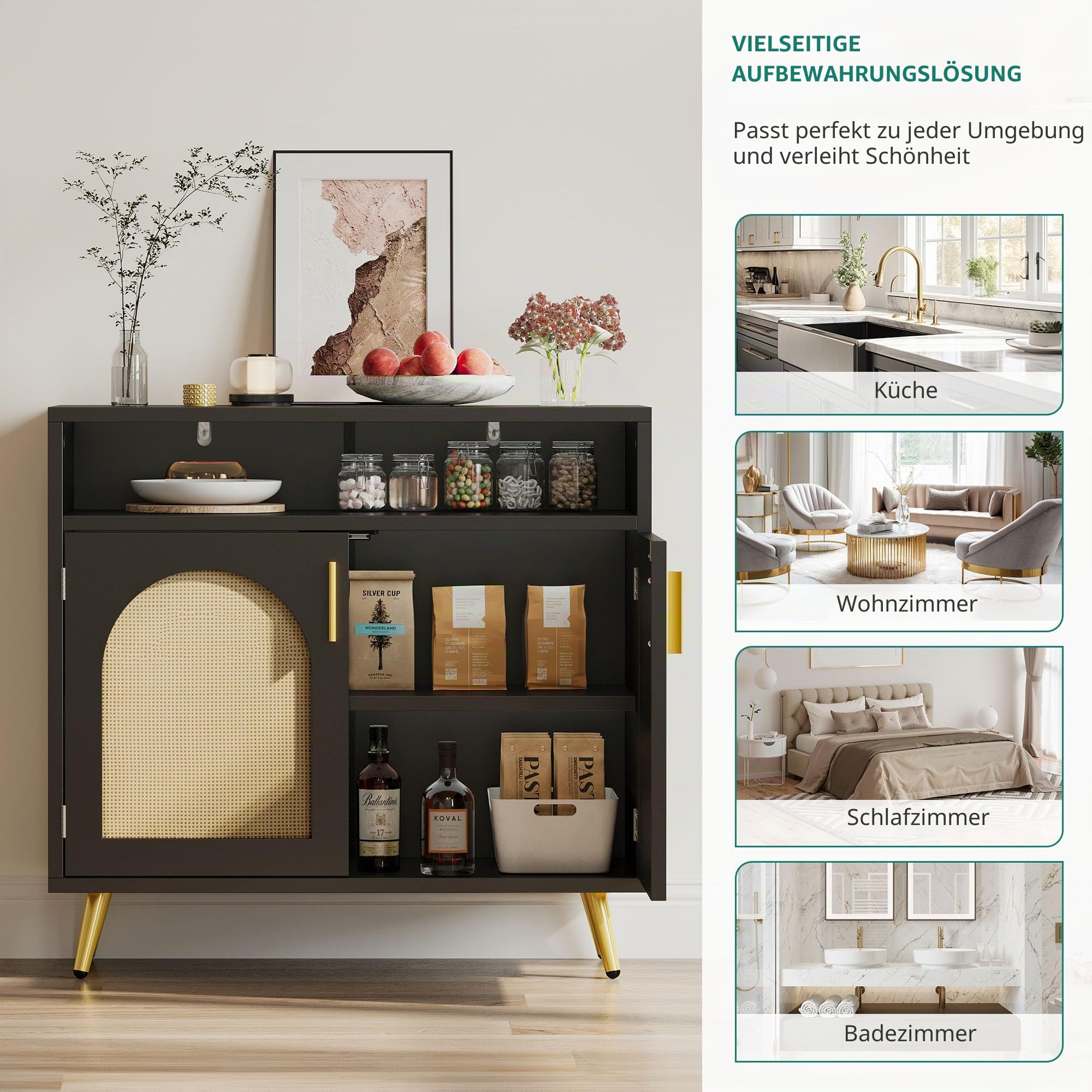 YITAHOME Sideboard Schwarz, Rattan Buffetschrank, Küchenschrank 80x35x75cm