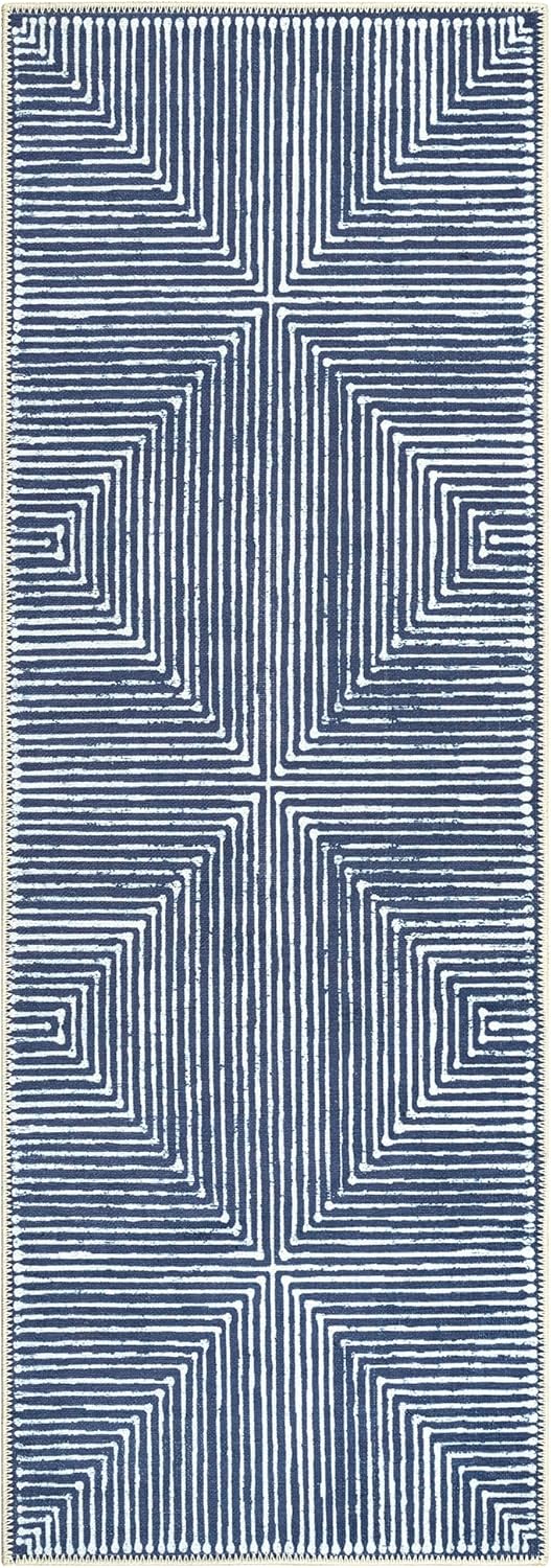 Bloom Rugs Washable Non-Slip 7 ft Runner - Blue Striped Runner for Entryway, Hallway, Bathroom, and Kitchen - Exact Size: 2.5' x 7'