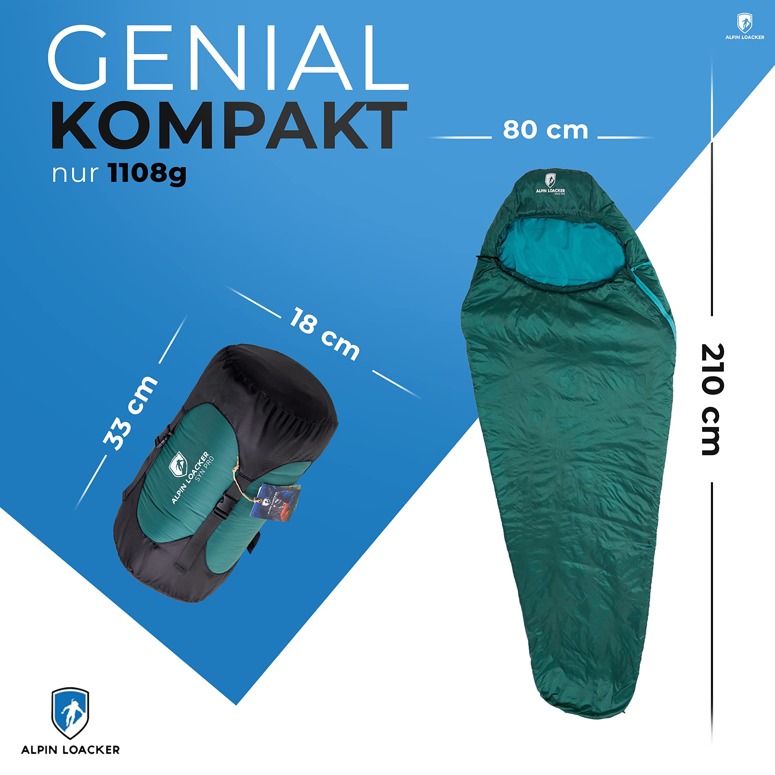 Alpin Loacker Ultraleicht Schlafsack kleines Packma I 3 Jahreszeiten  Schlafsack leicht I Outdoor Schlafsack kompakt zum Camping oder als Reise  Schlafsack I 100% Recycelt, Grn Links Zip : Amazon.de: Sport & Freizeit