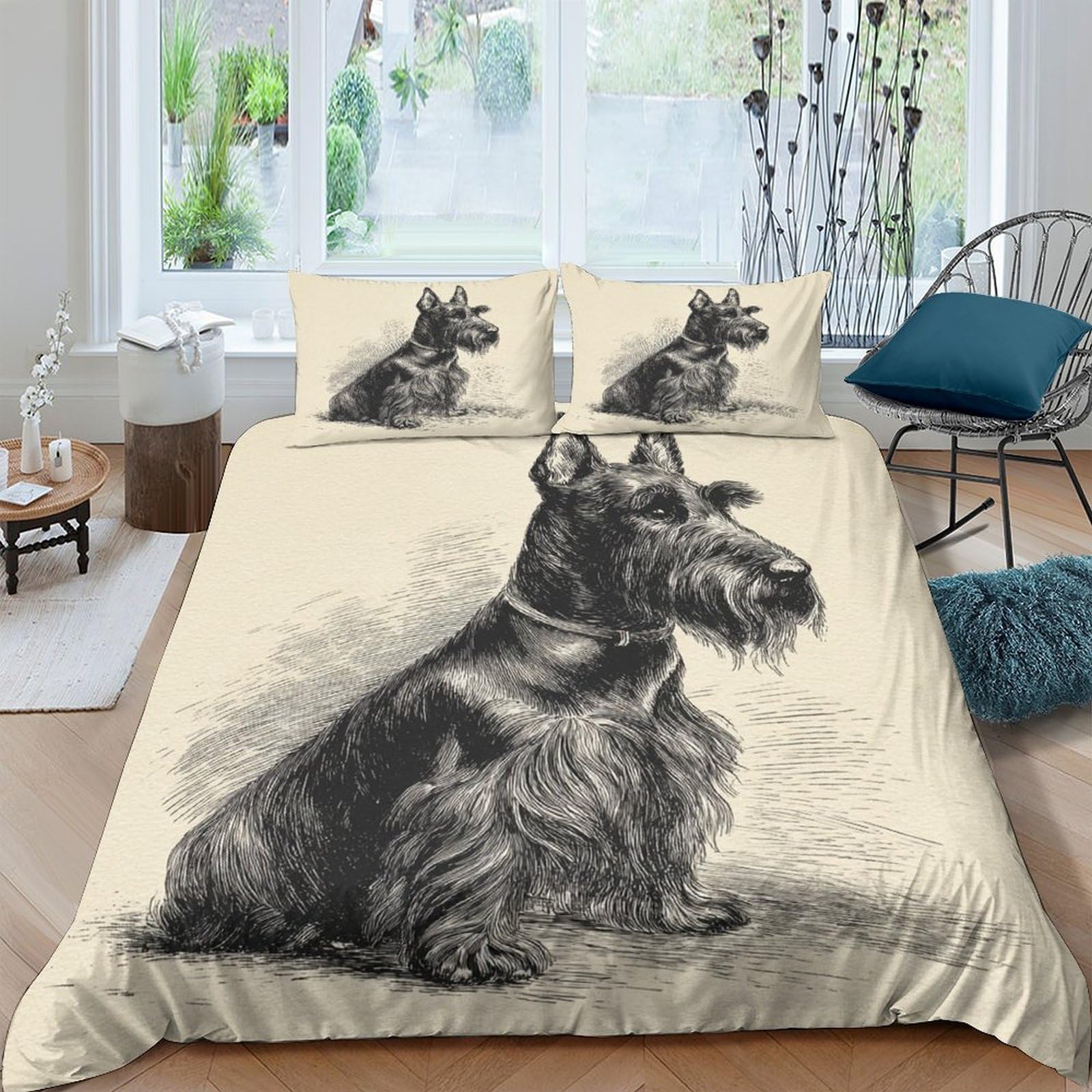 Ctjqhvkz Style-3 3D Printed Scottish Terrier Dog Fitted Sheet Microfiber Beige Black Bed Cover Anti-Slip Easy Care For Bedroom Guest Room Single（135X200cm）