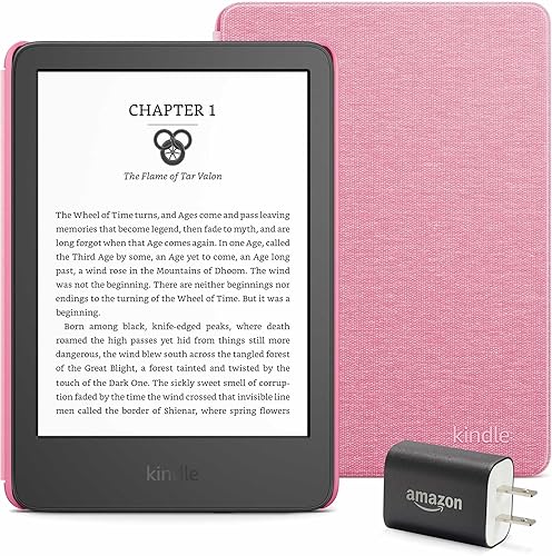 Paquete Kindle Essentials, que incluye Kindle (versión 2024) negro, funda de tela (rosa) y adaptador de corriente