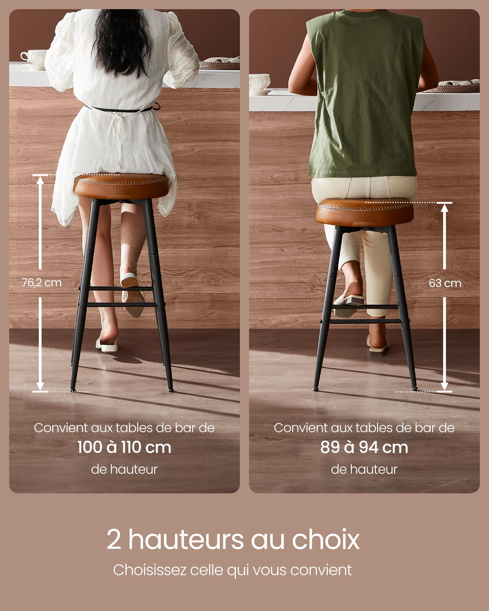 VASAGLE Collection EKHO - Lot de 4 Tabourets de Bar, Chaises de Bar, Chaises de Cuisine, en Similicuir, Hauteur d’Assise 63 cm, pour Cuisine et Salle à Manger, Noir Encre, LBC090K01V1