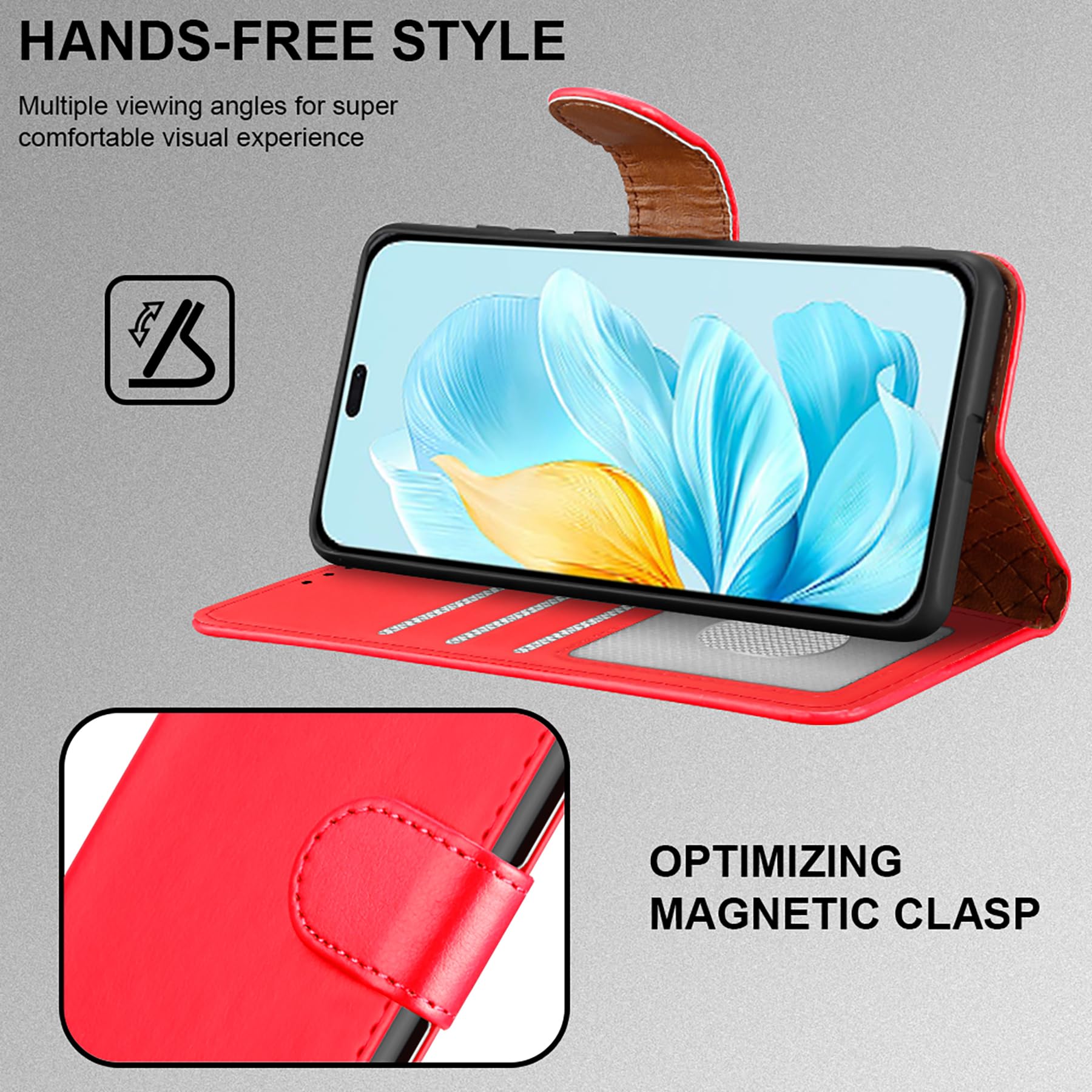 iCatchy for Honor 200 Lite Case Shockproof Leather Wallet Book Flip Card Slots Kickstand Magnetic Closure RFID Blocking Cover for Honor 200 Lite Phone Case (Red) - Image 3