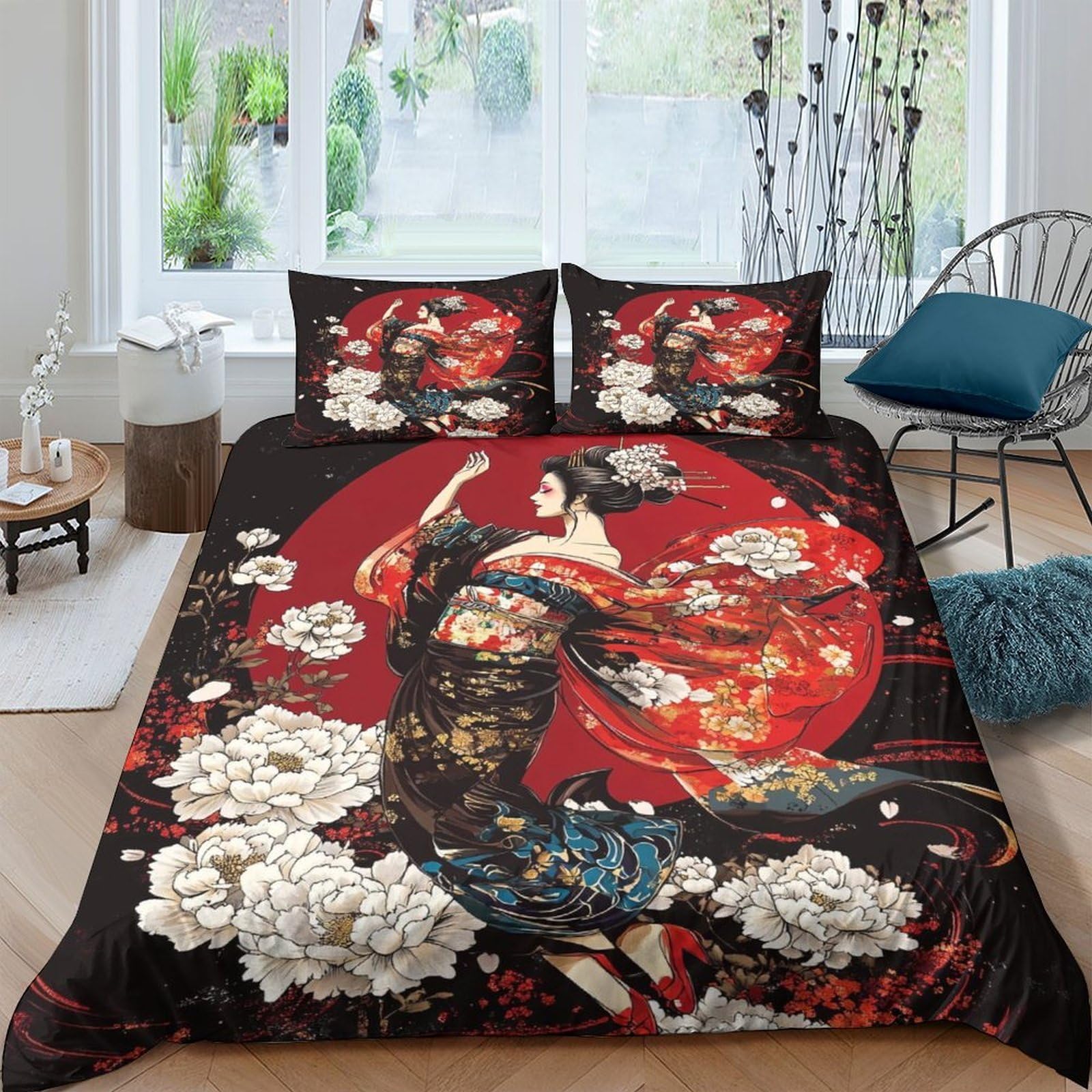 Ctjqhvkz Style-4 3D Printed Japanese Geisha Fitted Sheet Microfiber Soft Red Sun Floral Mattress Cover For Bedroom Decor Protection Single（135X200cm）