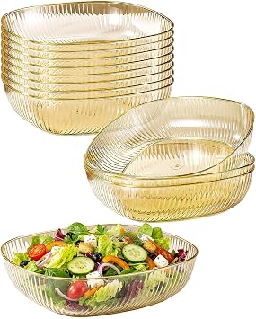 64 oz Gold Plastic Square Serving Bowls,12 Pack Large Salad & Fruit Bar Bowls for Party, Snack, Chip & Candy Bowl, Heavy Duty Disposable Catering & Buffet Containers for Home Use