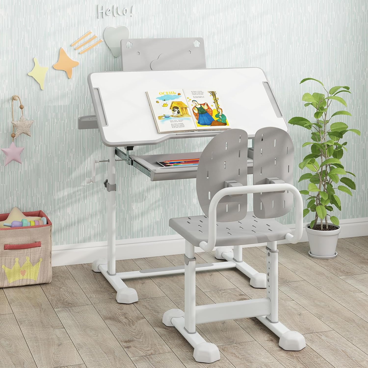 Costzon Kids Desk and Chair Set, Height-Adjustable Children Study Desk Set with Tilt Desktop, Book Stand, Footrest Bar, and Ergonomic Design, Writing Table & Chair for Toddlers (Grey)
