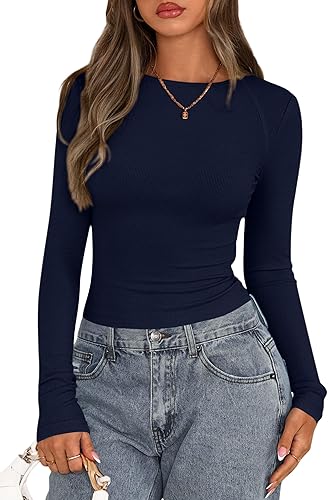 PRETTYGARDEN Long Sleeve Shirts for Women 2025 Fall Going Out Tops Casual Ribbed Knit Slim Fitted Basic Tees Y2K Clothes