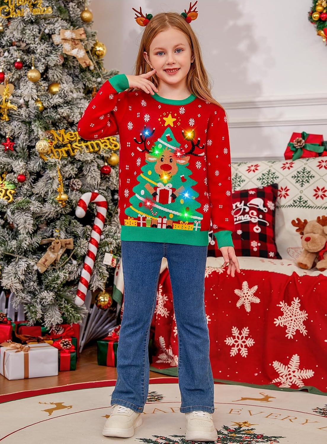 Kids Ugly Christmas Sweater Girls Boys LED Light Up Christmas Sweaters Funny Xmas Knitted Pullover for 5-14Y