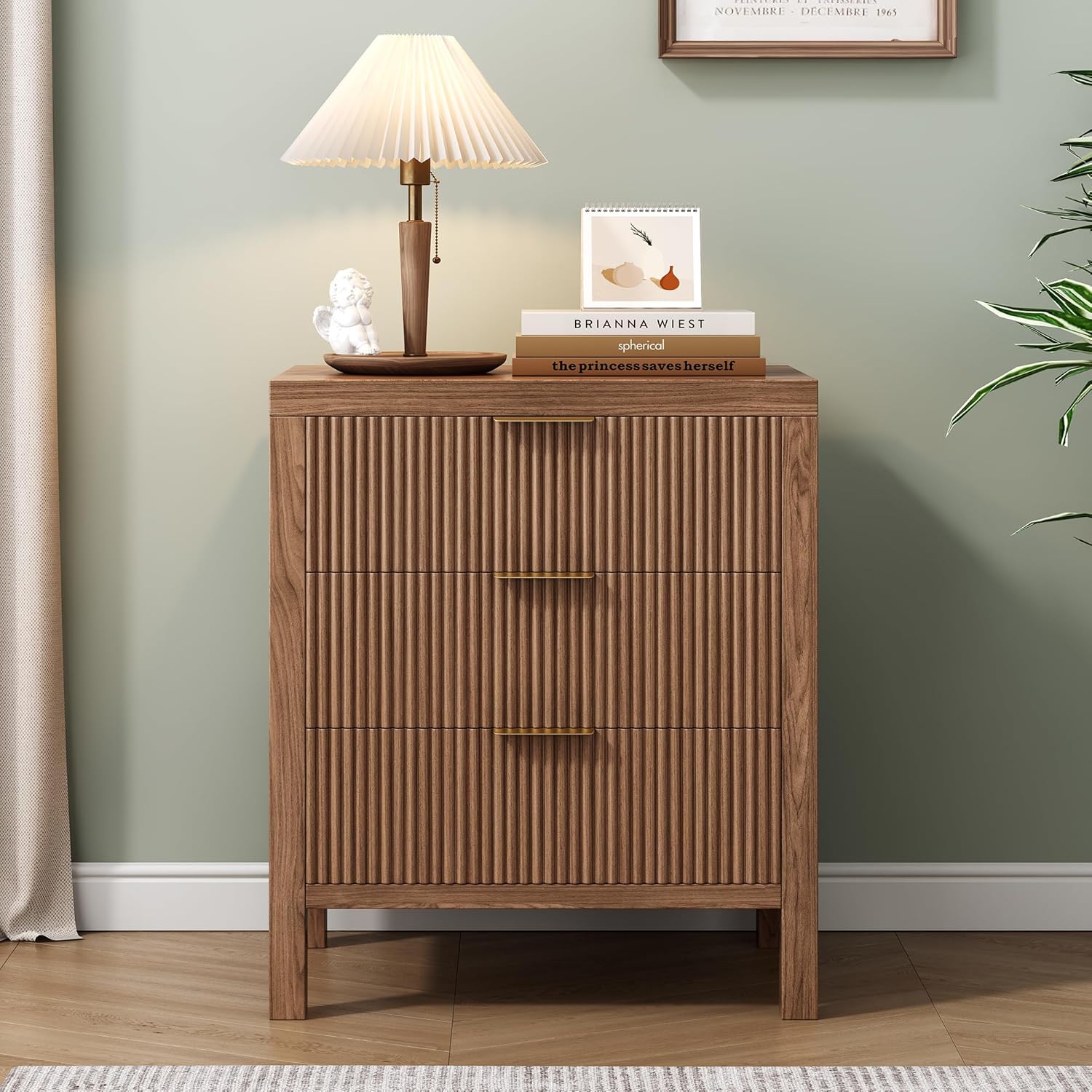 Nightstand with 3 Drawers, Dresser and Nightstand Sets, Bedside Tables, Mid Century Nightstands with 3 Wide Drawers for Bedroom, Kids’ Room, Hallway - Walnut - Image 4