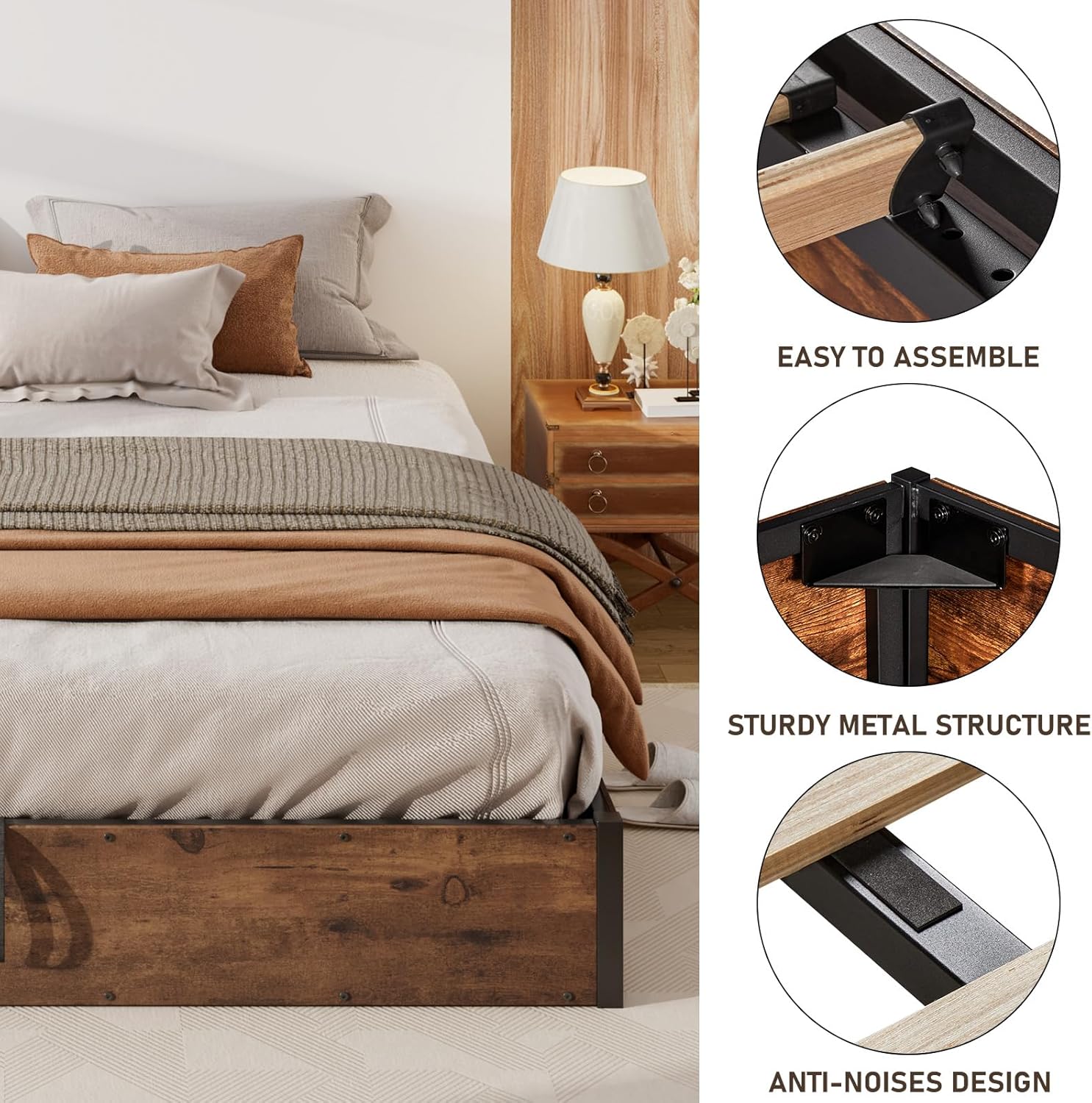 Lift Up Storage Bed Frame, King Size Wooden Platform Bed with Large Storage Underneath, No Box Spring Needed, Noise Free, Rustic Brown