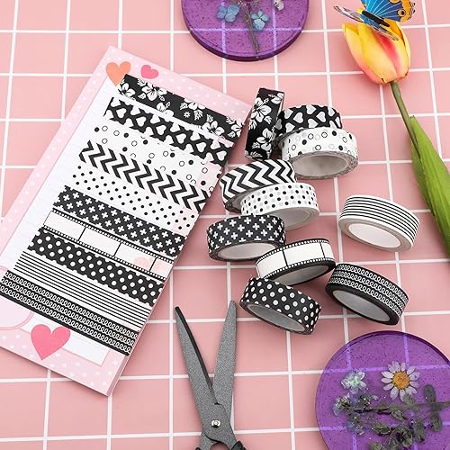 Miniatura 4 de SAVITA Juego de 10 rollos de cinta washi de 0.59 pulgadas, cinta washi en blanco y negro, cinta adhesiva decorativa para niños, manualidades,