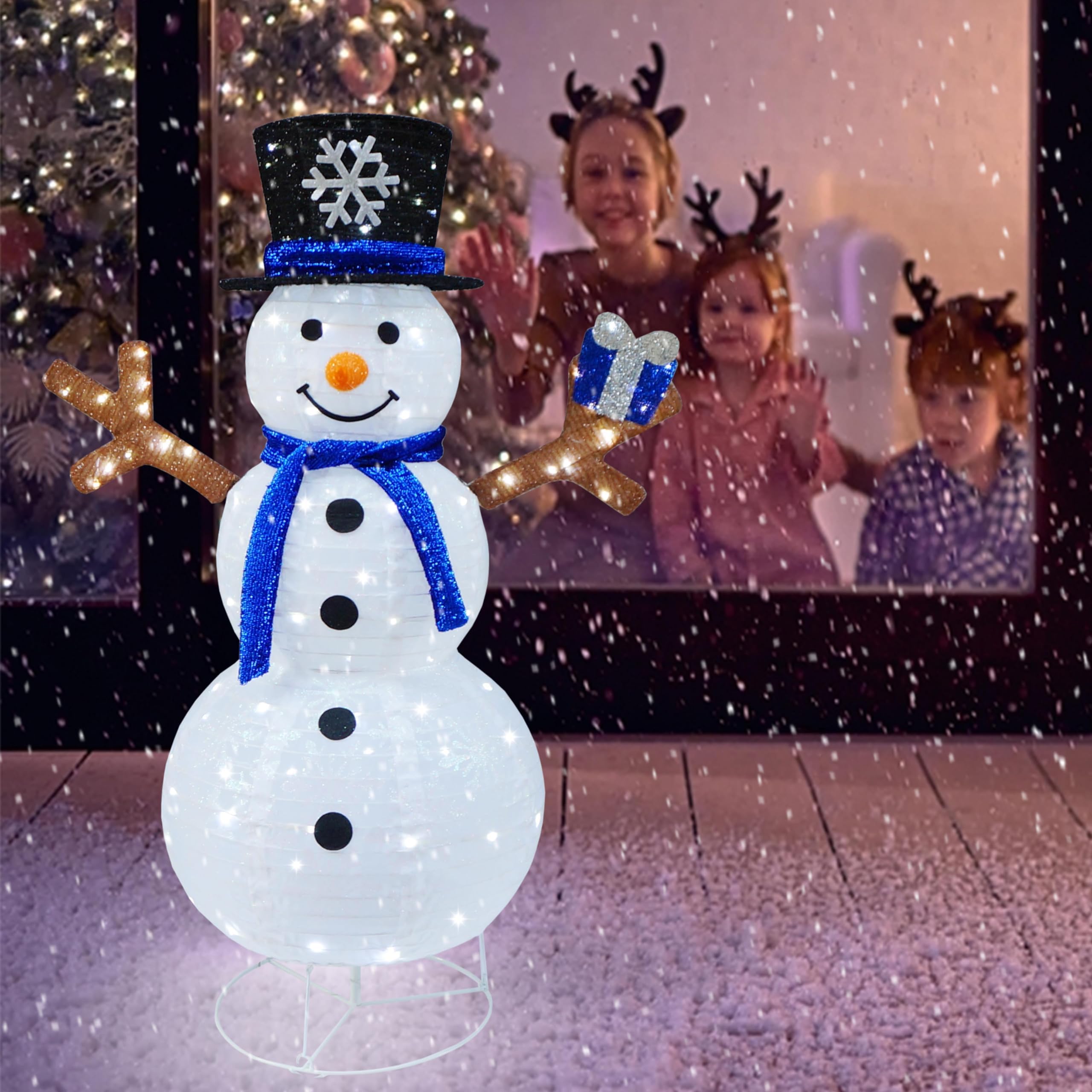 Outdoor Snowman Lighted, Pop-Up Snowman Outdoor Yard Christmas Decorations Prelit 100 Lights, Collapsible Lighted Snowmen Wears Blue Scarf and Holds Light Up Gift Box for Home Porch Yard Décor-Blue