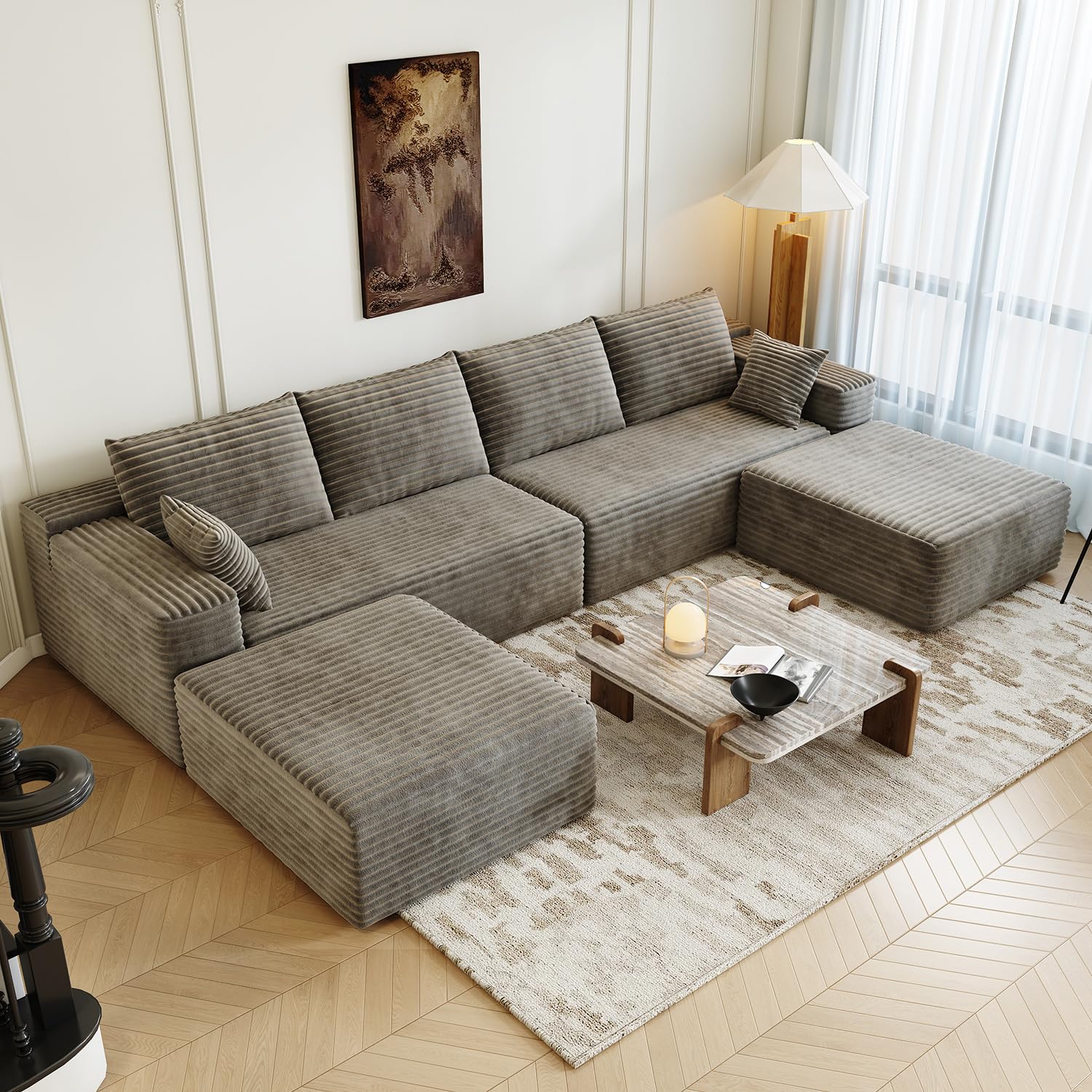 139.4" Modular Sectional Sofa, U-Shaped Minimalist Couches with 2 Ottomans Chaise, Modern Deep Seat Convertible Sleeper Sofa Bed,Cloud Plush Corduroy