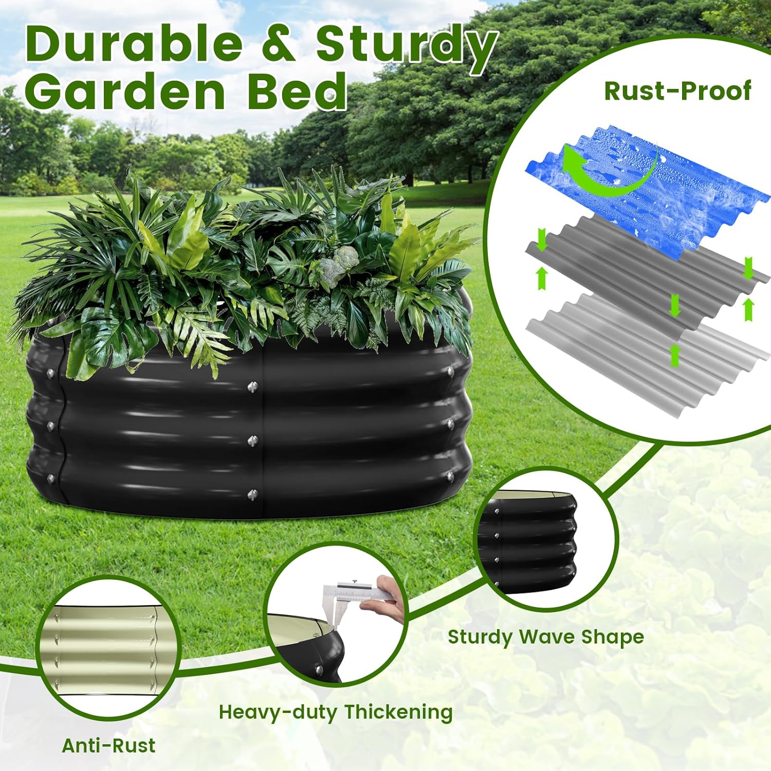 3 Pcs 2x2x1ft Round Galvanized Raised Garden Bed Kit with Tomato Cages, Metal Planter Box Outdoor Raised Garden Beds for Gardening Vegetables Flowers, Black