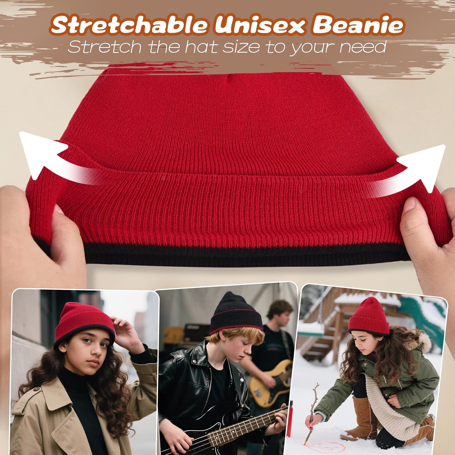Rosoz Kids Beanie Boys Girls- Reversible Beanie with Double Sides- Big Kids Winter Hat Kids Knit Warm Caps for 7-12 Years