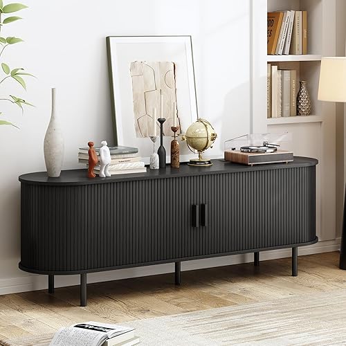 Miniatura 4 de Soporte de TV de 63 pulgadas con toma de corriente, consola multimedia moderna con puertas correderas, centro de entretenimiento para televisores de