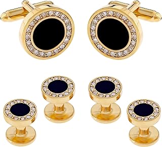 Men's Black Onyx and Cubic Zirconia Gold Cufflinks Tuxedo Formal Set wit...