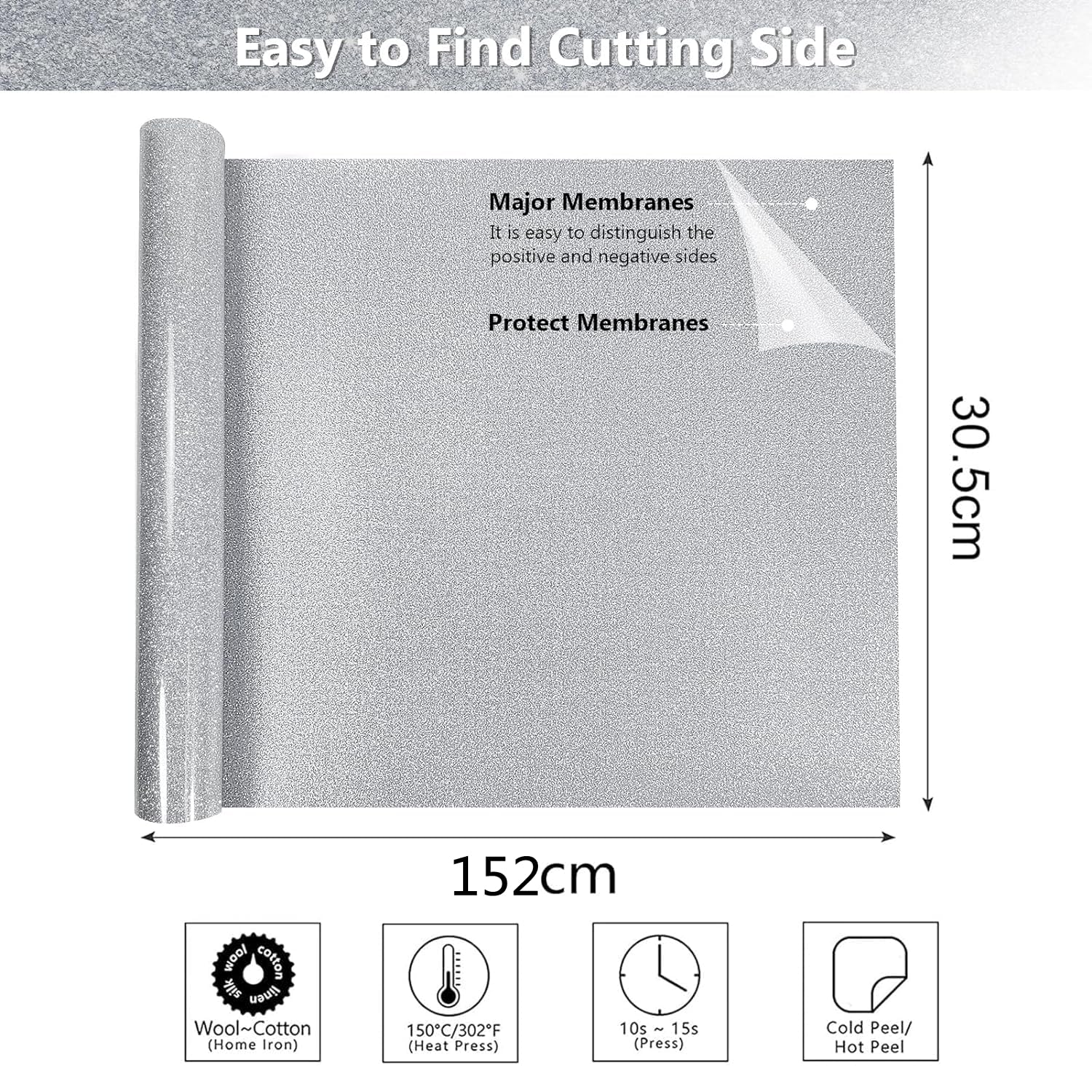 Bocguy Vinile Termoadesivo Glitter Argento, 30.5 CM X 152 CM Rotoli di Glitter HTV Termovinile Facile da Tagliare & Diserbare, Vinile Termoadesivo per Tessuti, Cricut & Cammeo (Glitter Argento)