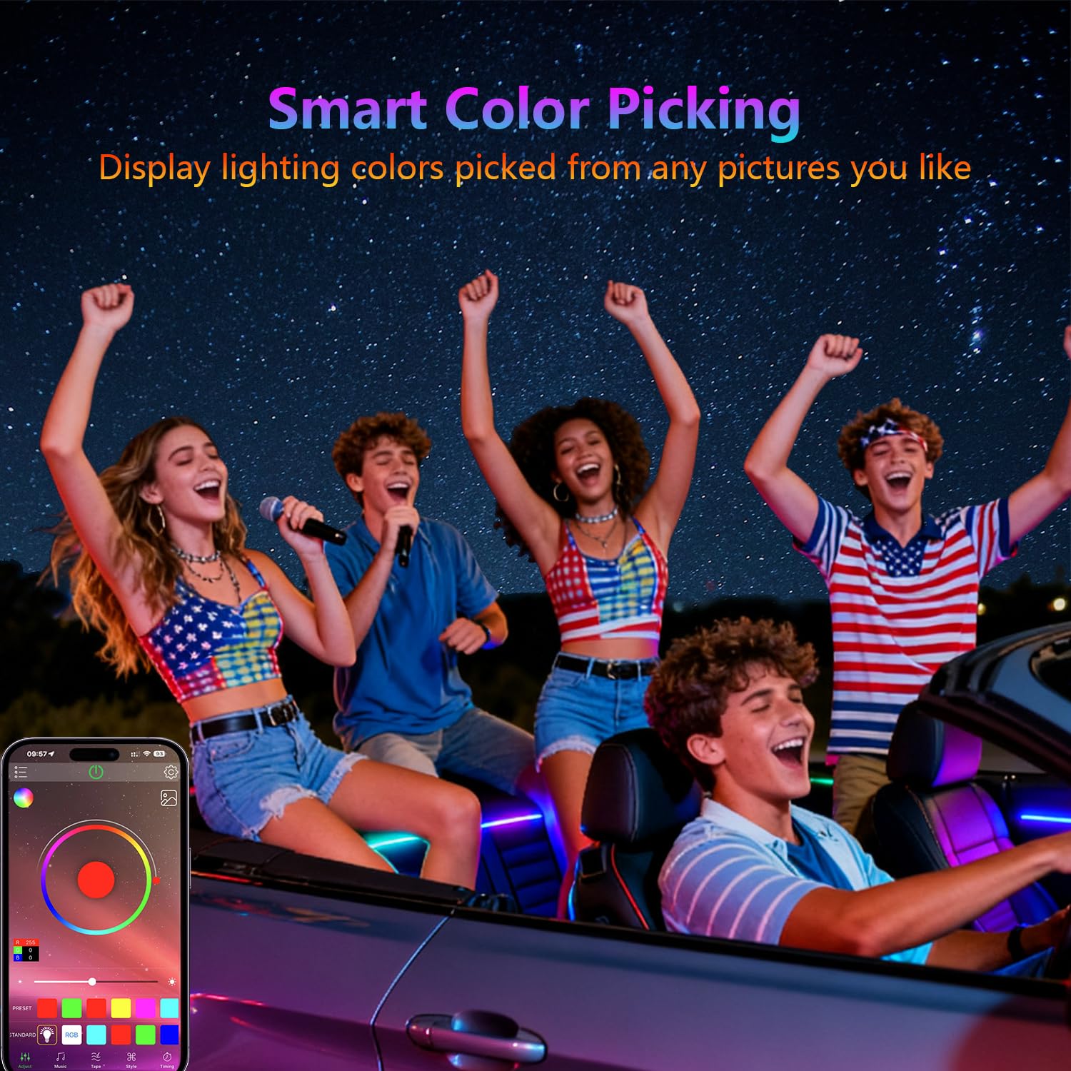 Tiras de luz LED para coche con control de aplicación inteligente de 4 hilos, kit de 72 luces LED multicolor con sincronización de música para coches, camiones, SUV a través de encendedor de