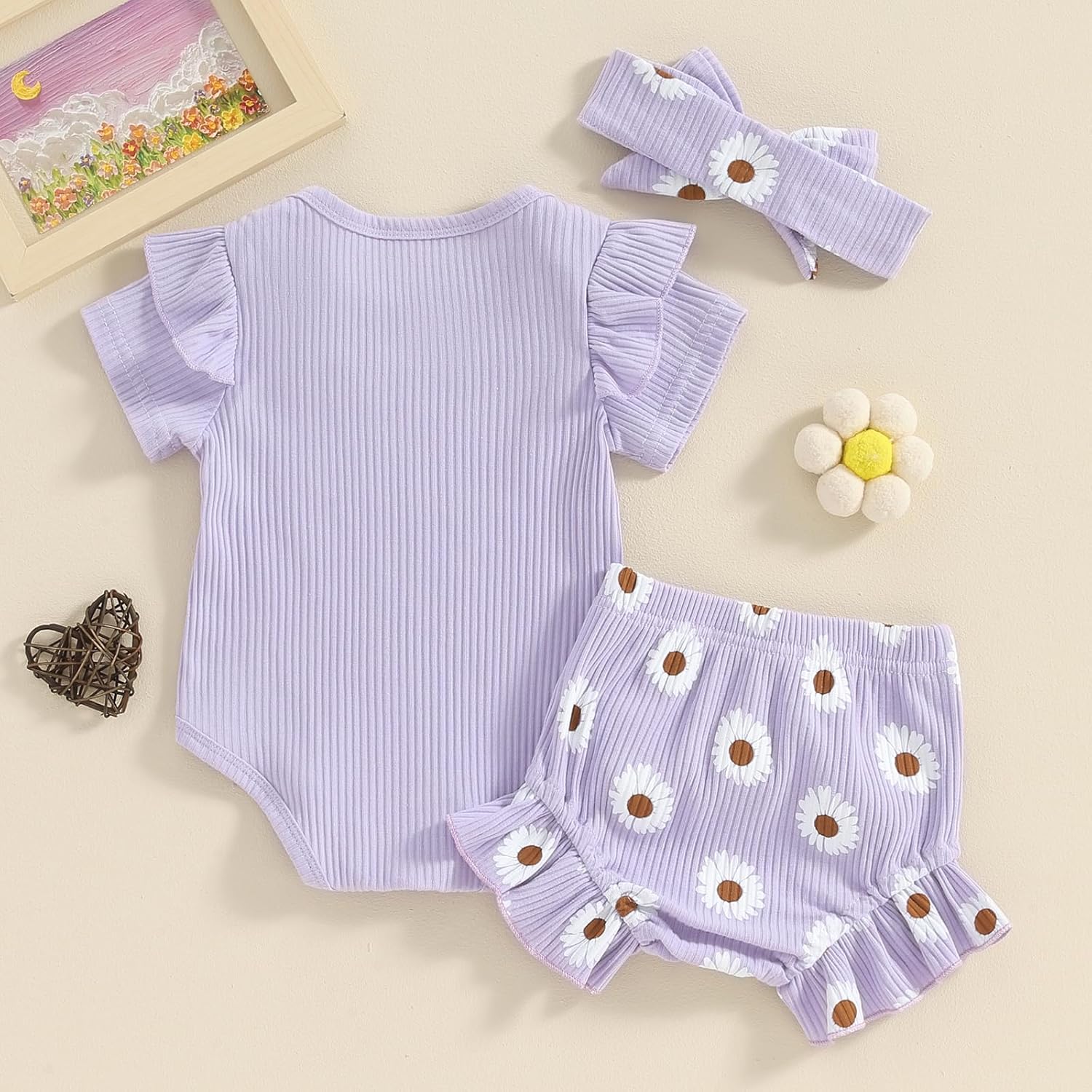 Aunties Bestie Clothes Girl Newborn 0 3 6 12 18 Months Summer Outfit Fly Sleeeve Romper Daisy Shorts Headband Set - Image 7