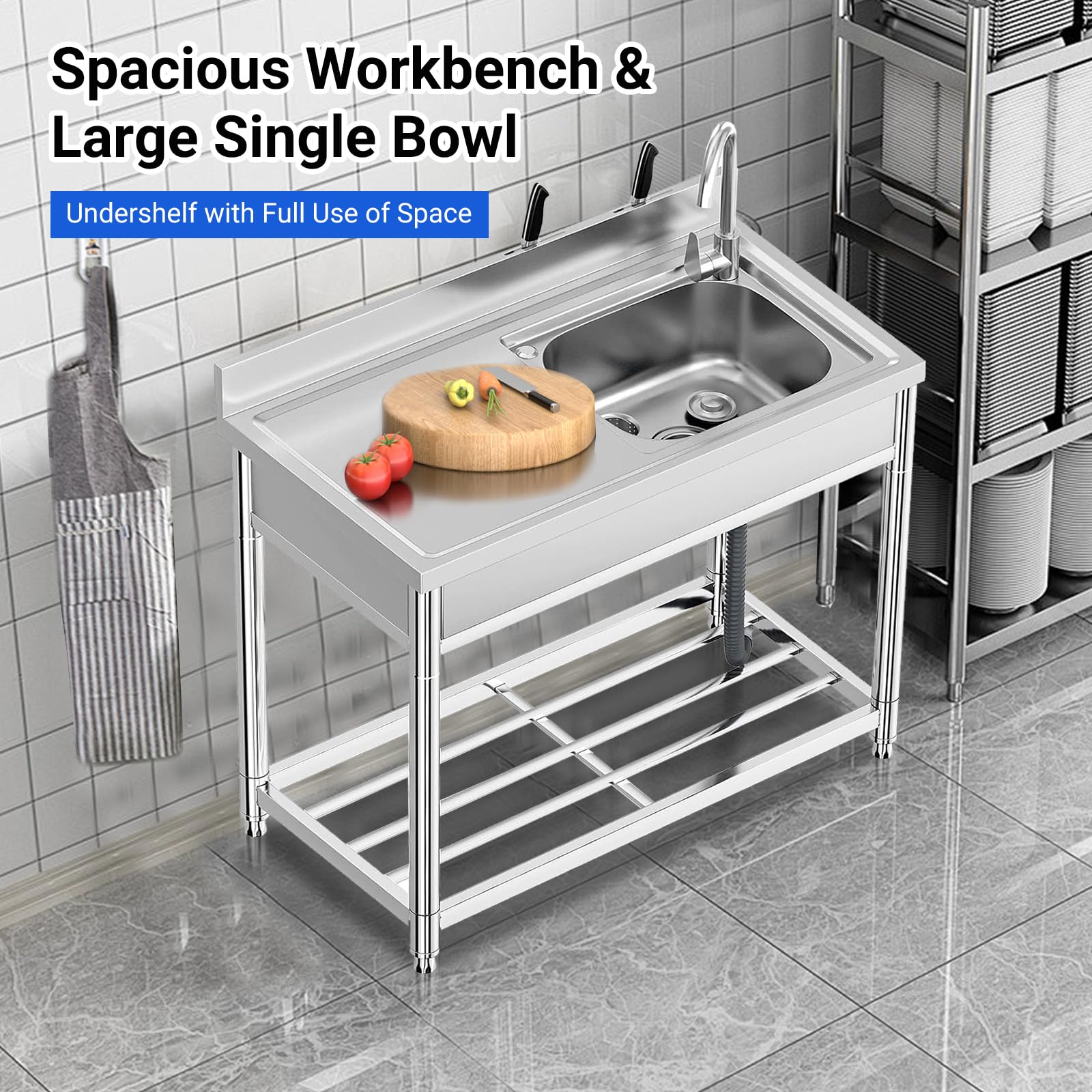 Évier Utilitaire en Acier Inox 1 Compartiment avec Table, Évier Autoportant à Cuve Simple avec Robinet et Pieds, Grand Évier Professionnel pour Cuisine, Buanderie, Salle de Bain et Jardin