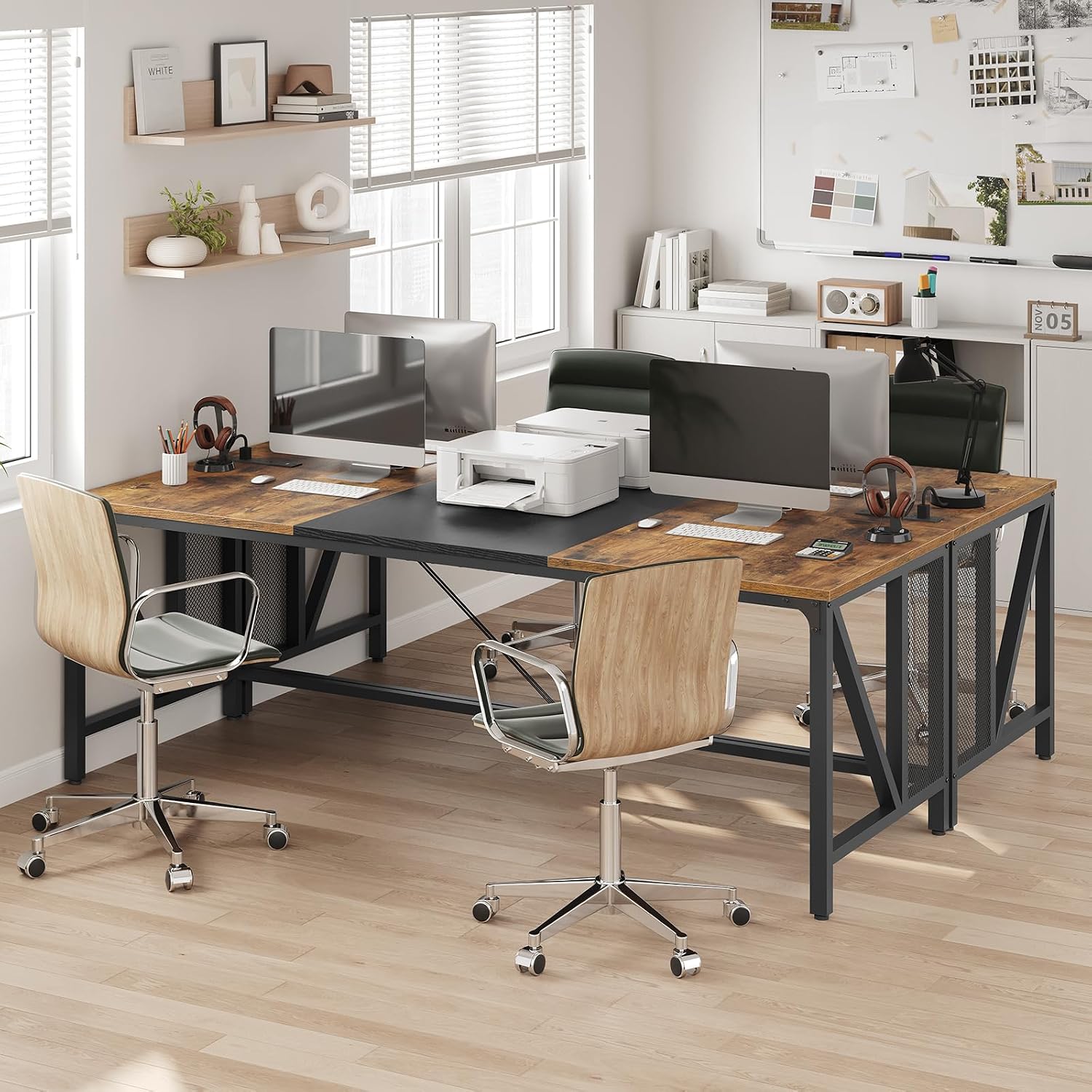 YATINEY 63" Computer Desk with Power Outlets, Gaming Desk, Large Office Executive Desk Workstation, Business Furniture for Home Office, Study, Rustic Brown and Black DN16UBR
