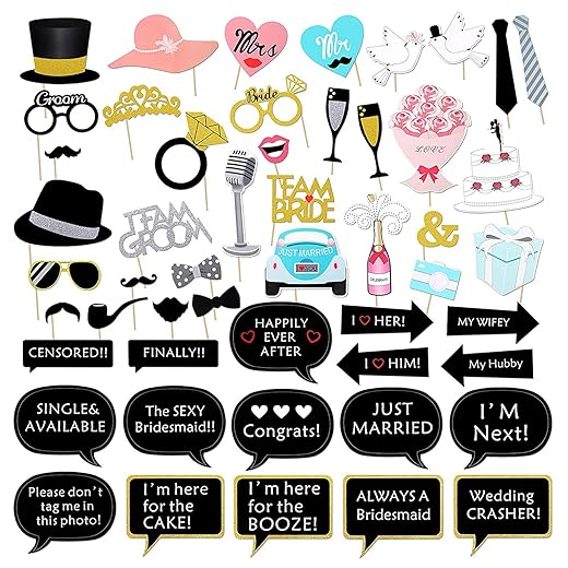Wedding Photo Booth Props Kit, Konsait Bridal Shower Photo Booth Prop with Wooden Dowels for Wedding Shower Party Supplies (52 Counts)