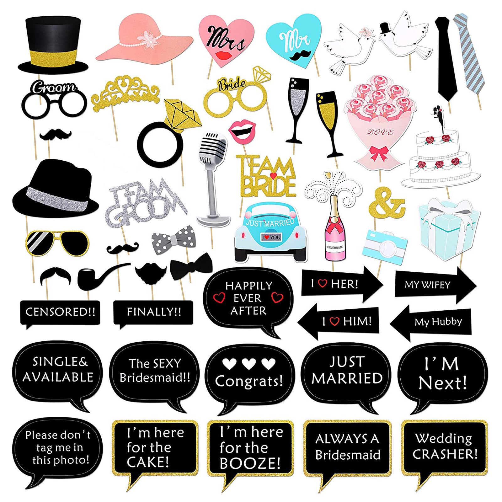 Konsait Wedding Photobooth Props Kit, Engagement Photo Booth Accessories with Wooden Dowels for Bridal Shower Wedding Favour Party Decorations Funny Selfie Props (52 Counts)