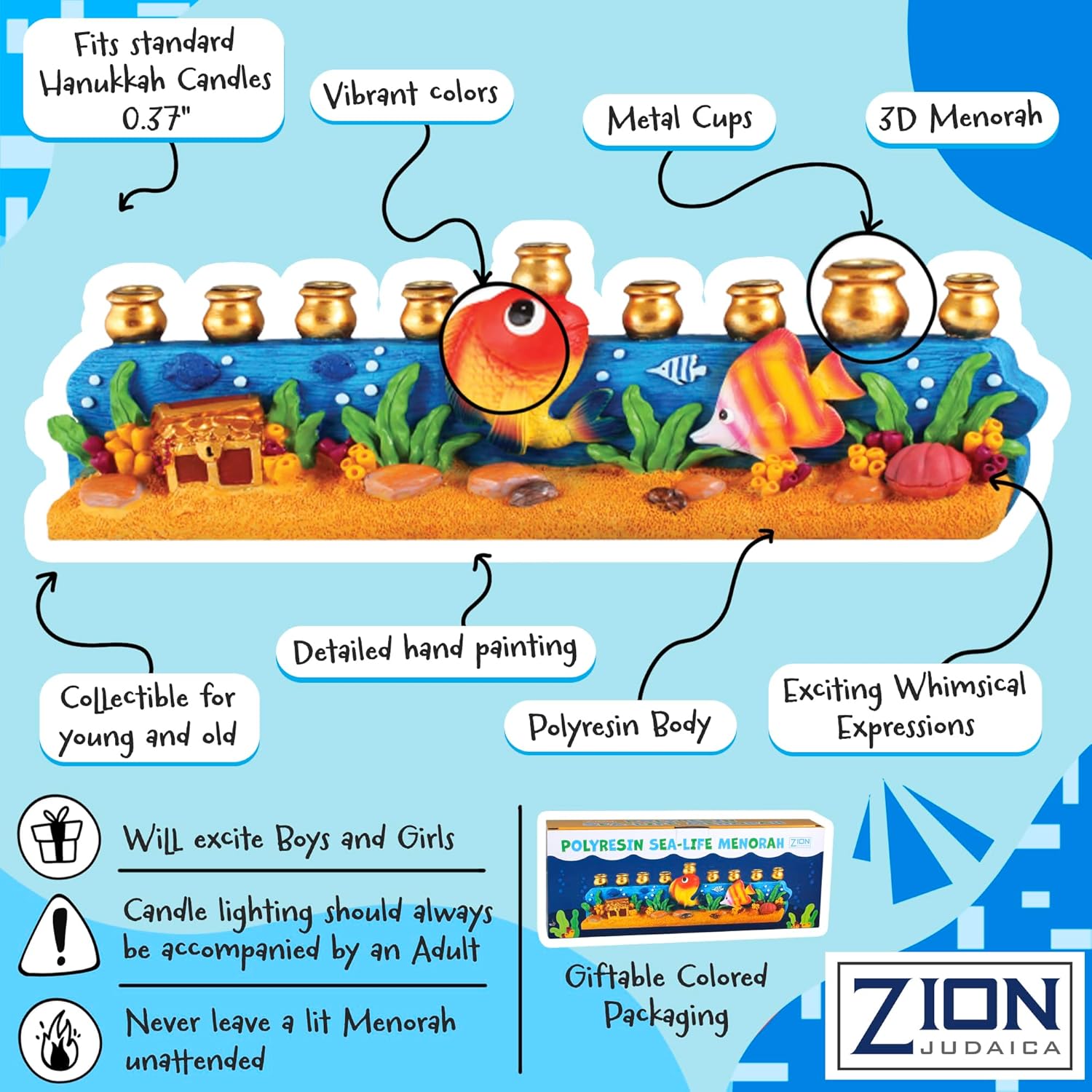 Zion Judaica Fish Tank Menorah for Kids & Adults Collectible Gold Fish Menorah Polyresin Whimsical Candle Hanukkiah Painted Pet Theme Chanukiah 3D Aquarium Minorah Fits Standard Chanukah Candles