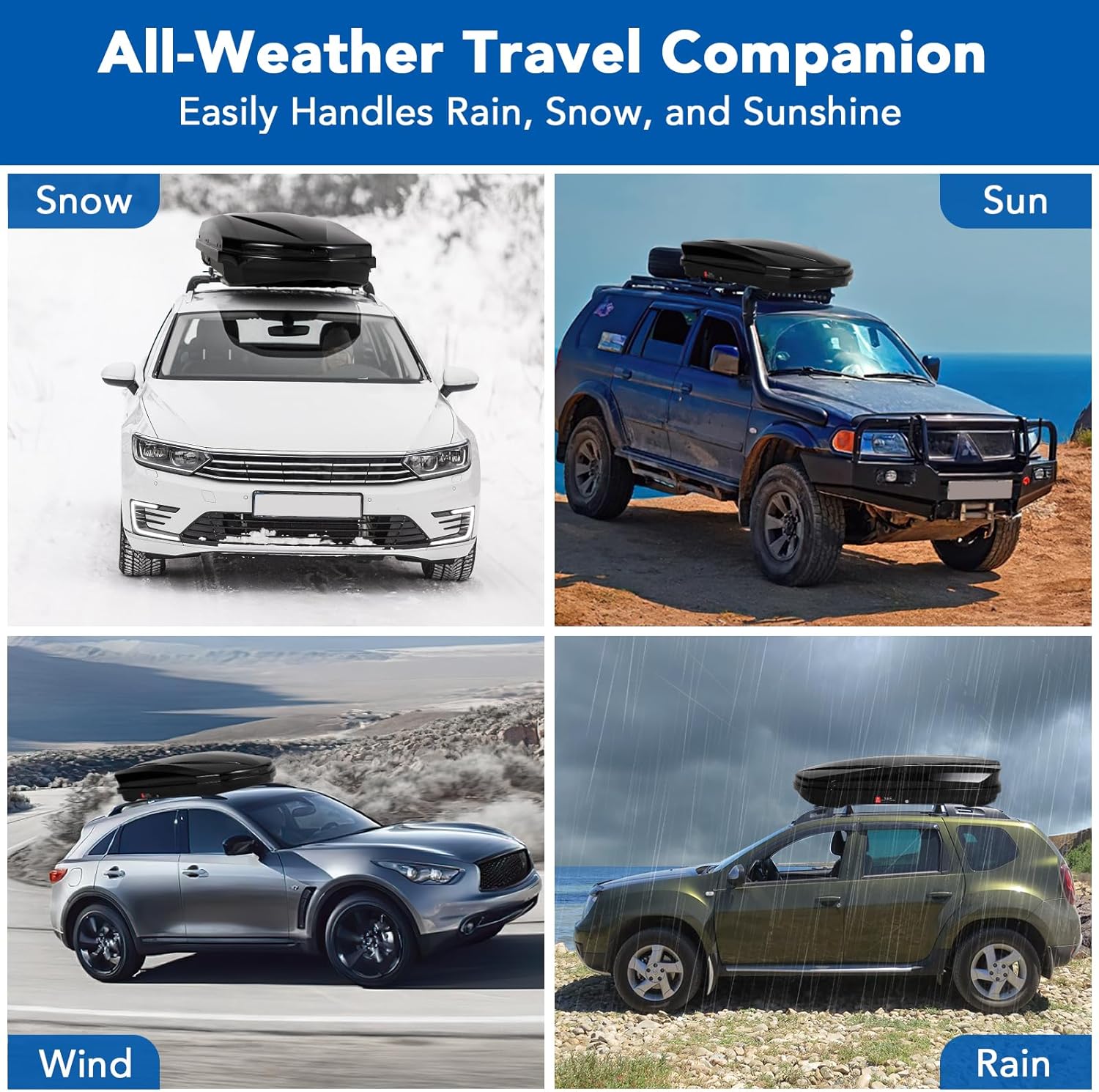 Heavy-Duty Hard Shell Roof Top Cargo Carrier for Car/SUV/Truck - Waterproof, Dual-Sided Opening, Lock & Security Keys, Tool-Free Install, Reinforced Straps, 165 lbs, Black - 350L Storage