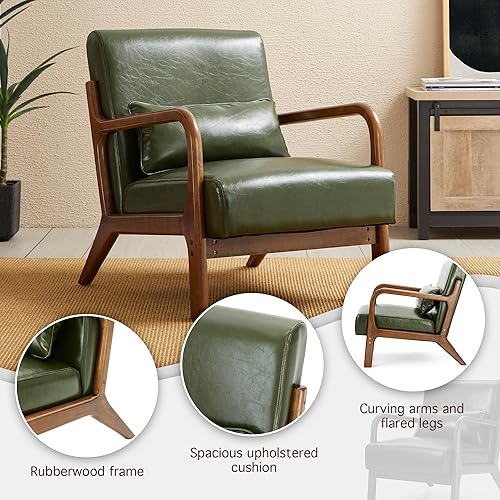 Miniatura 4 de Glitzhome Sillón verde cazador de mediados de siglo, sillón de lectura individual de piel sintética con marco de madera de caucho de nogal