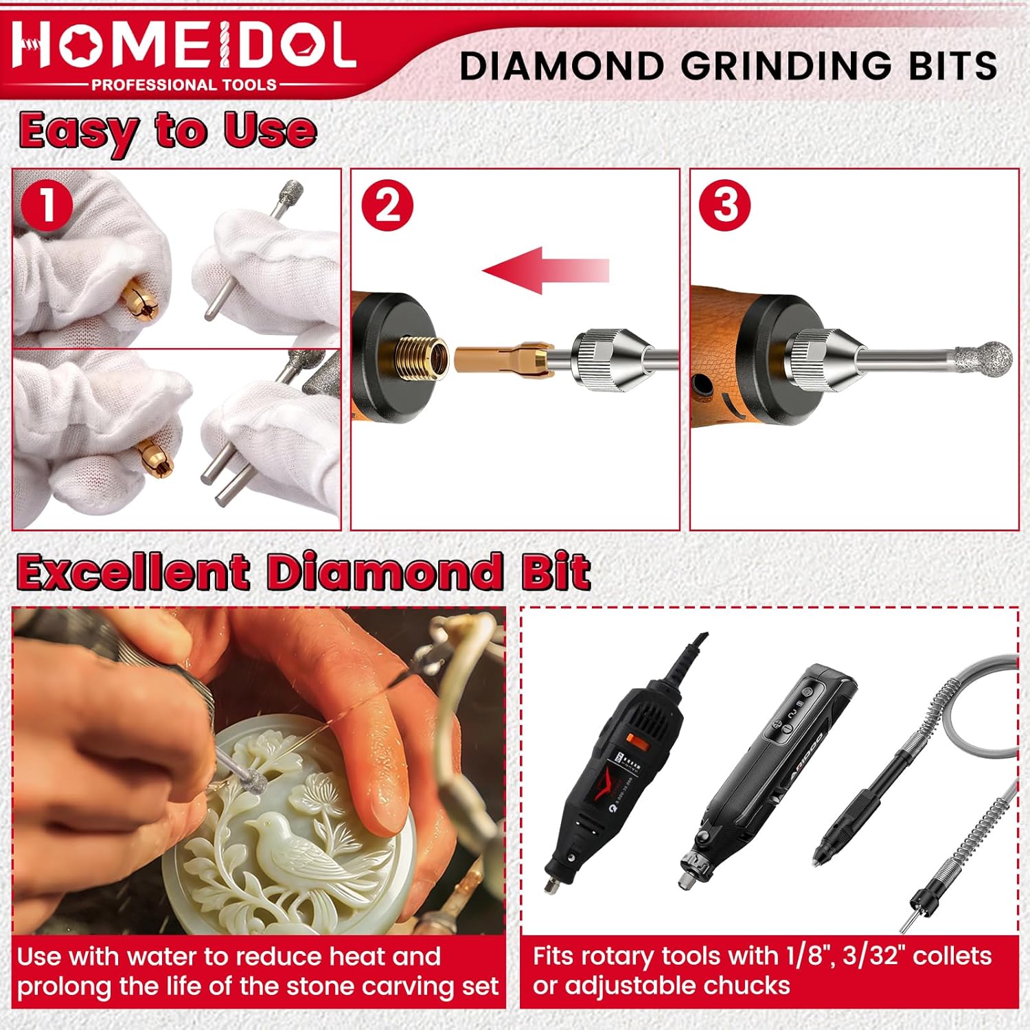 23PCS Engraving Bits for Dremel bits, HOMEIDOL Diamond Grinding Bit with 3 Collets, Hollow Shape, Cylindrical, Ball Shape 3/32", 1/8" Shank Rotary Tool Bits for Stone Glass Polishing Carving