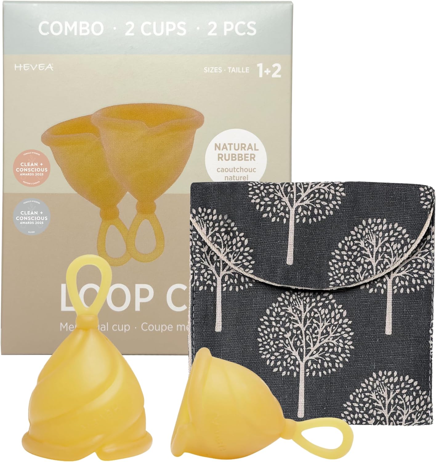 Hevea Loop Menstrual Cup Combo-Pack Size 1&2 (Natural), Made from 100% Natural Rubber - Softest Period Cup - Wear for up to 12 Hours