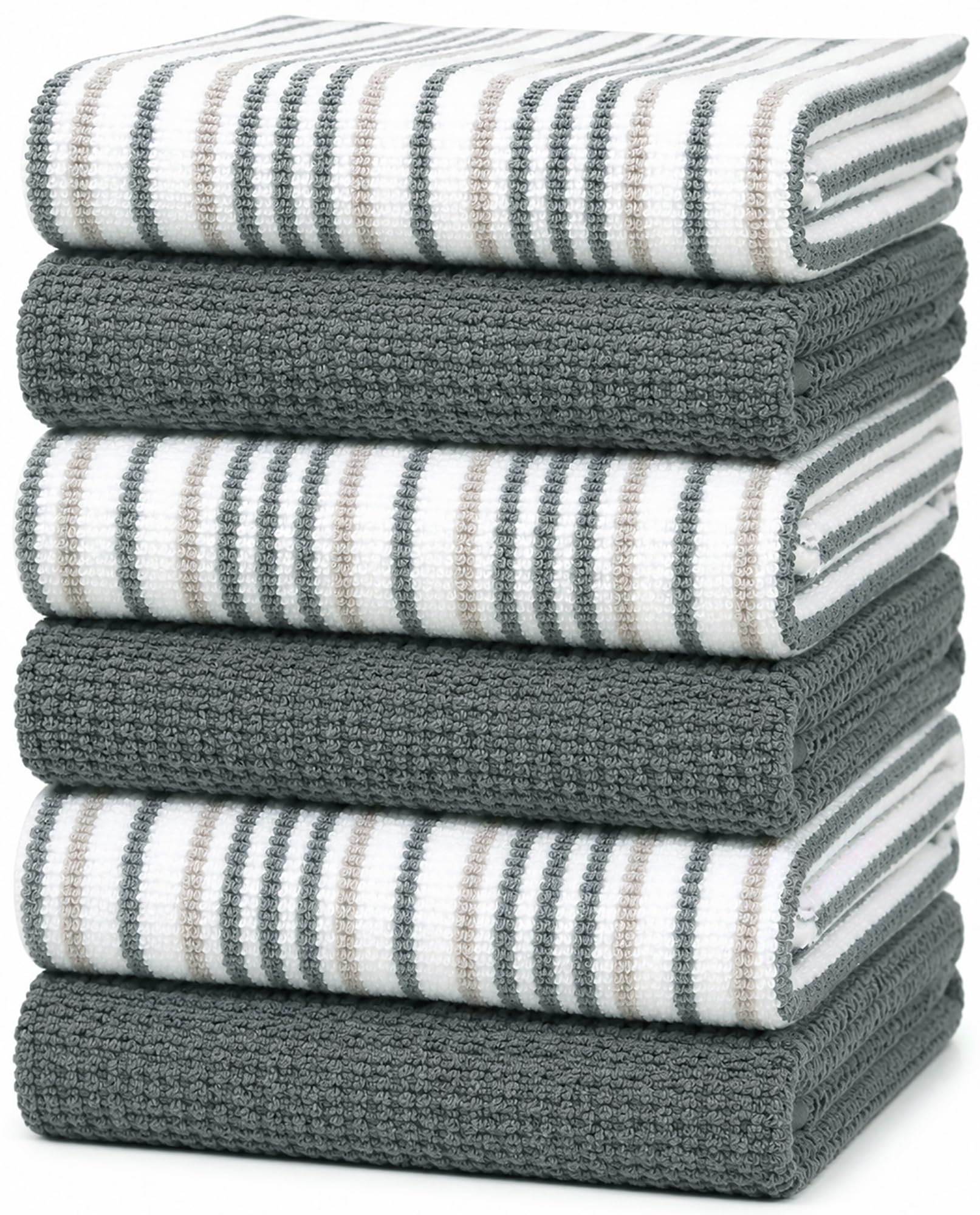Juego de 6 toallas de cocina grandes, 16 x 26 pulgadas, 3 diseños de rayas de palomitas de maíz + 3 toallas de mano de algodón teñido de color sólido, juego de paños de cocina a juego suaves (gris)