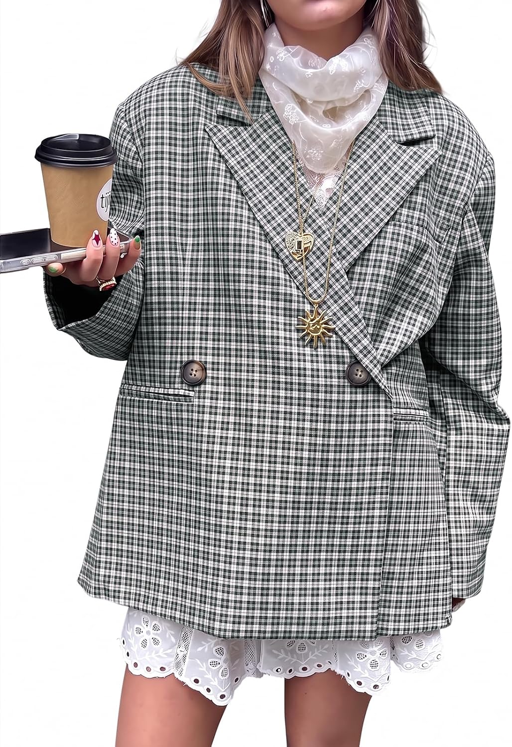 Tankaneo Womens Plaid Blazers Oversized Business Casual Suits Jackets