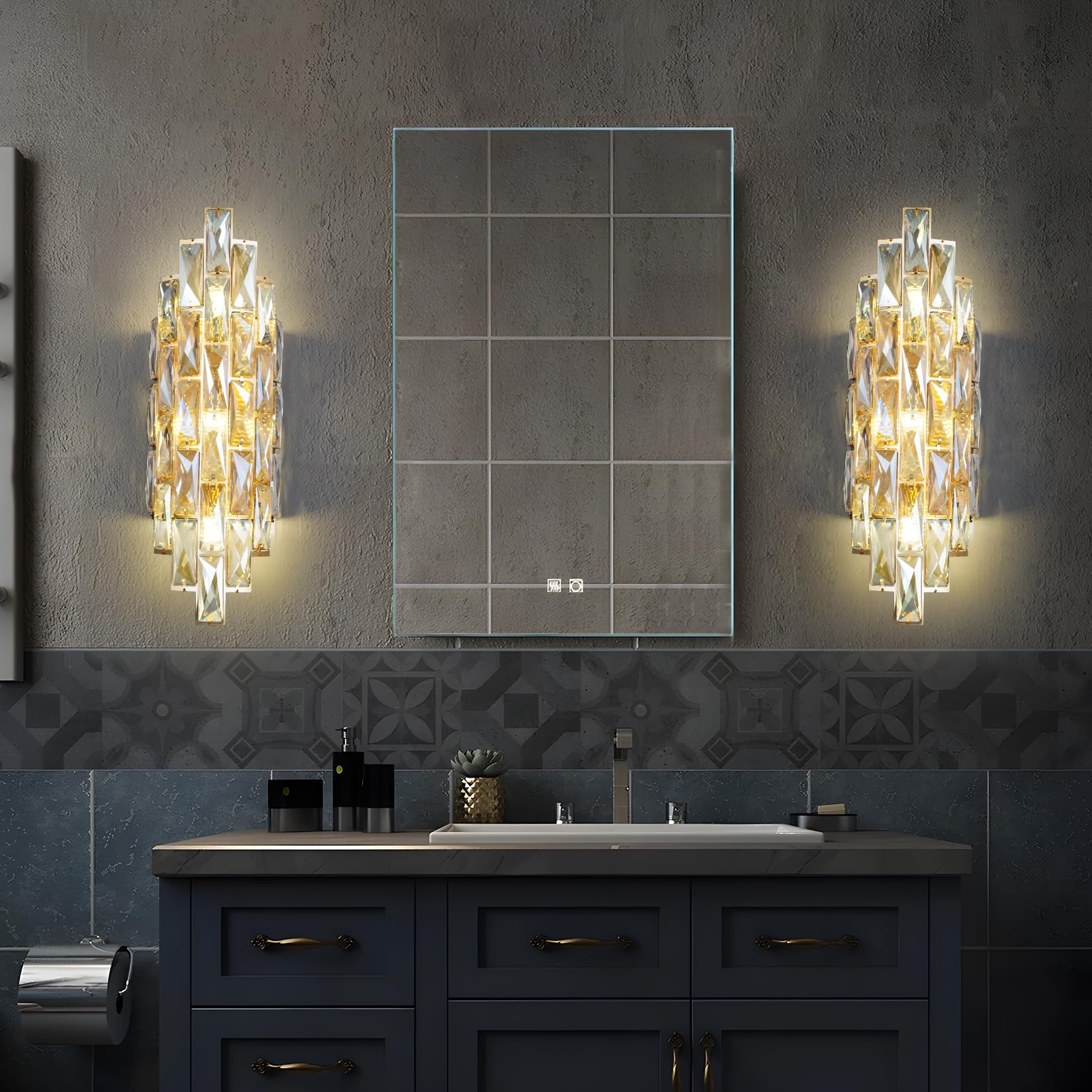 Modern Crystal Wall Sconces,Gold Wall Light Fixtures, Luxury Indoor Wall Lamp,Amber Crystal Vanity Wall Mount Lamps,Wall Lighting for Living Room Bedroom Bathroom Bedside Hallway Stairway