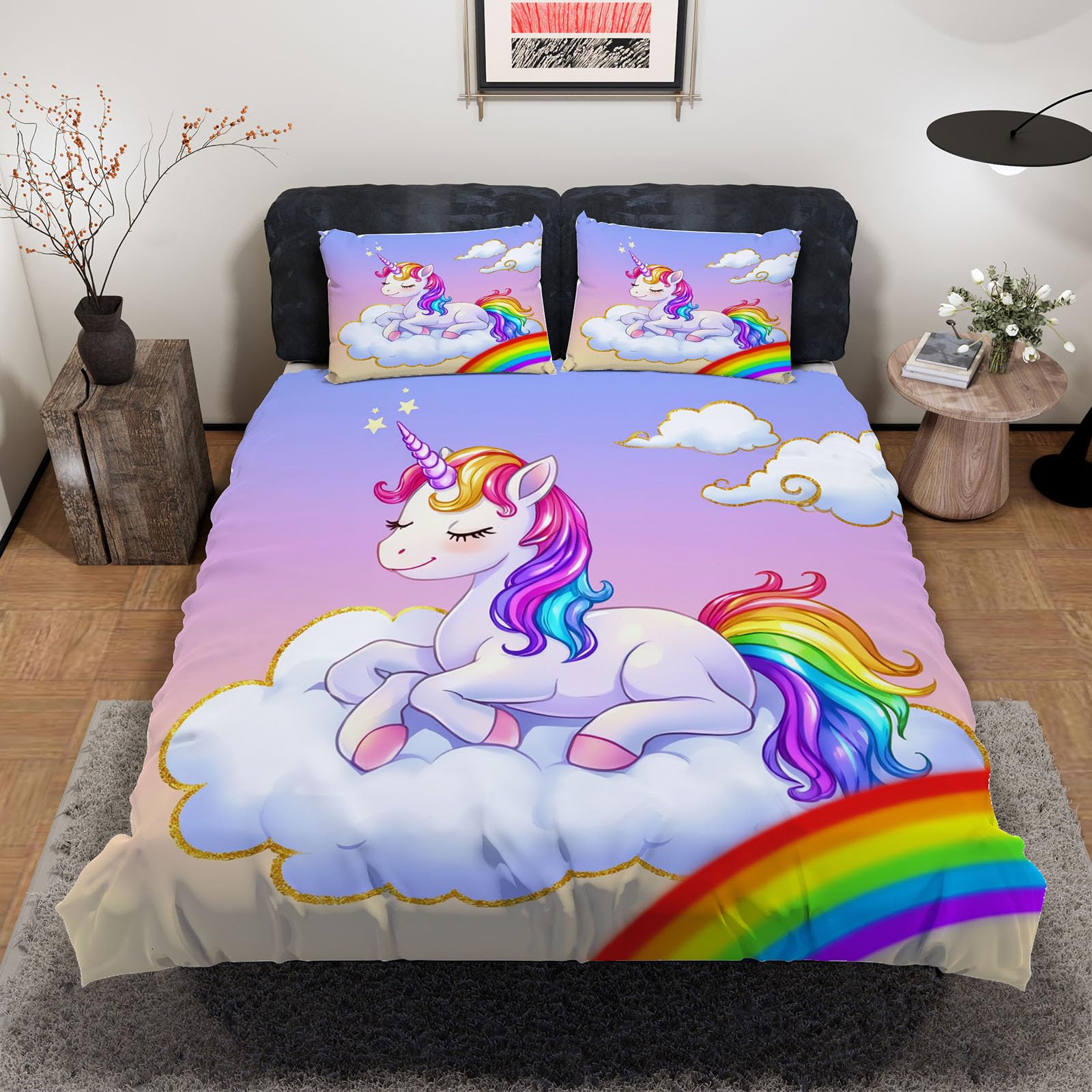 Housse de couette licorne anti-glisse avec zip parure de lit douce 220x240cm sans repassage