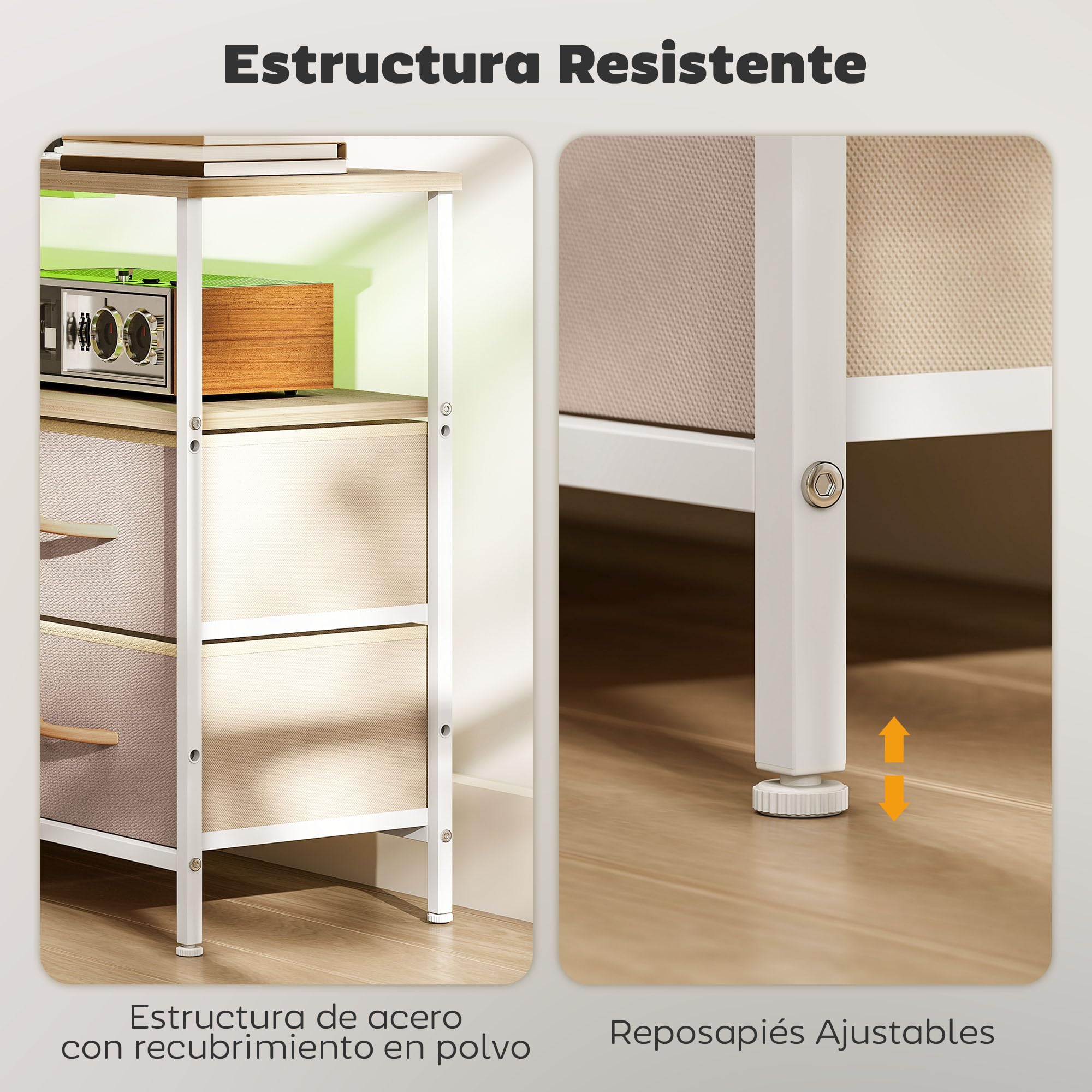 HOMCOM Mueble de TV con Luz LED Enchufes hasta 50 Pulgadas Beige y Natural | Mesa de TV para Salón, Puertos USB, Estantes Abiertos, 4 Cajones de Tela Plegables y Bolsillo