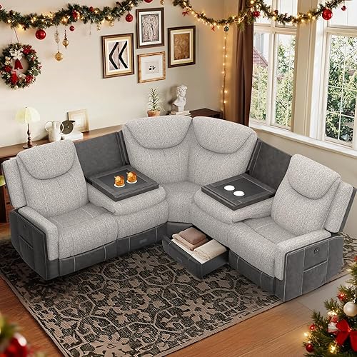 Miniatura 25 de Juego de sofá reclinable manual de dos plazas, sofá reclinable de 2 plazas con consola de almacenamiento y silla reclinable individual extragrande,