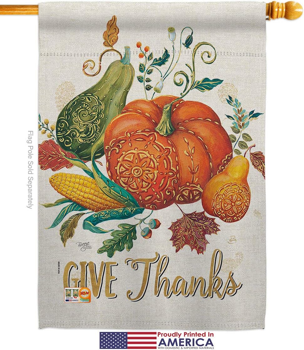 Suzani Give Thanks House Flag Falltime Thanksgiving Turkey Gobble Pumpkin Season Autumntime Cornucopia Small Decorative Gift Yard Banner Made In USA 28 X 40
