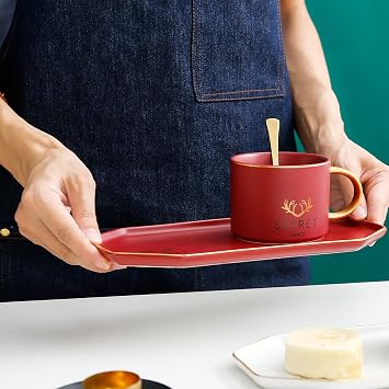 Ceramic Coffee Cup Set - Tea Cup with Spoon and Saucer, 250ml Classic Coffee Cup and Tray Set for Coffee, Hot Chocolate, Cappuccino, and Latte Breakfast, White