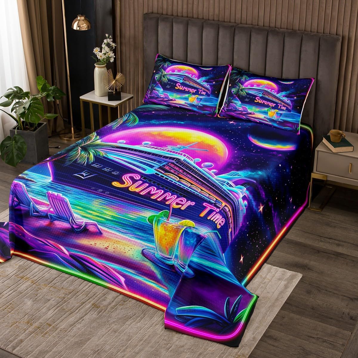 Manfei Summer Night Kids Bedspread Queen Size,Moon Starry Sky Neon Steamship Coverlet Set,Boys Girls Room Decor,Hawaii Tropical Ocean Beach Quilted Coverlet,Blue Purple Bedding Quilt,2 Pillowcases