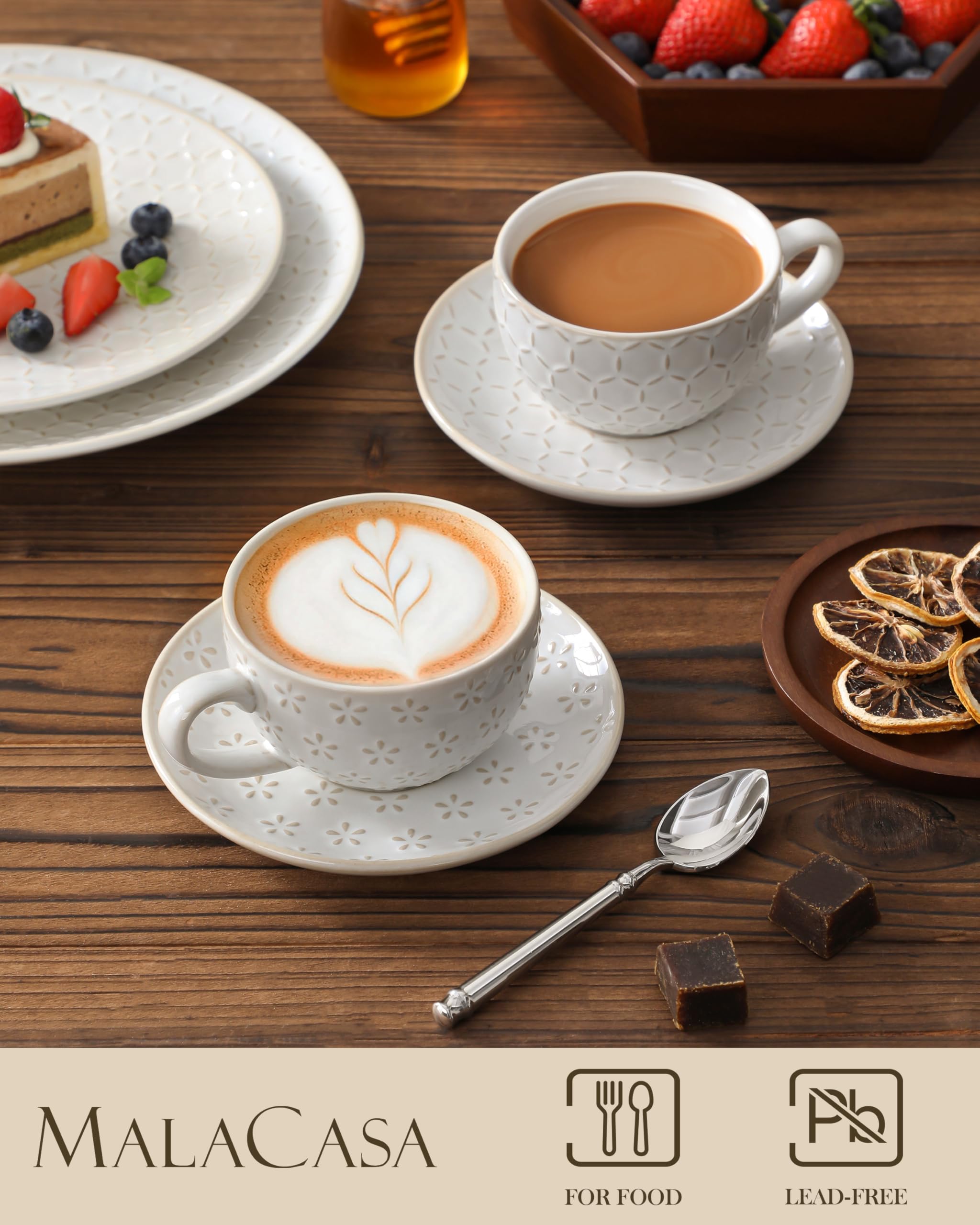 MALACASA Serie LYDIA, Set di 4 Tazze da Caffe per 4 Persone, 180 ml Set Tazzine Caffè Impilabile con Piattino, Ideale per Espresso, Cappuccino, Latte, Moka e Tè, Disegno in Rilievo