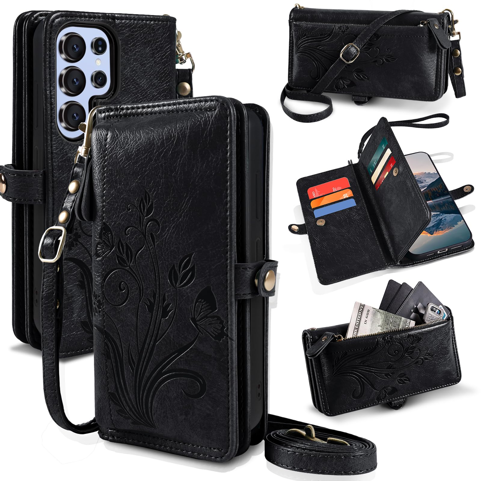 Lacass for Samsung Galaxy S25 Ultra Case Wallet,[Cards Theft Scan Protection] Card Holder Zipper Leather Flip Cover Crossbody Wrist Strap with Stand(